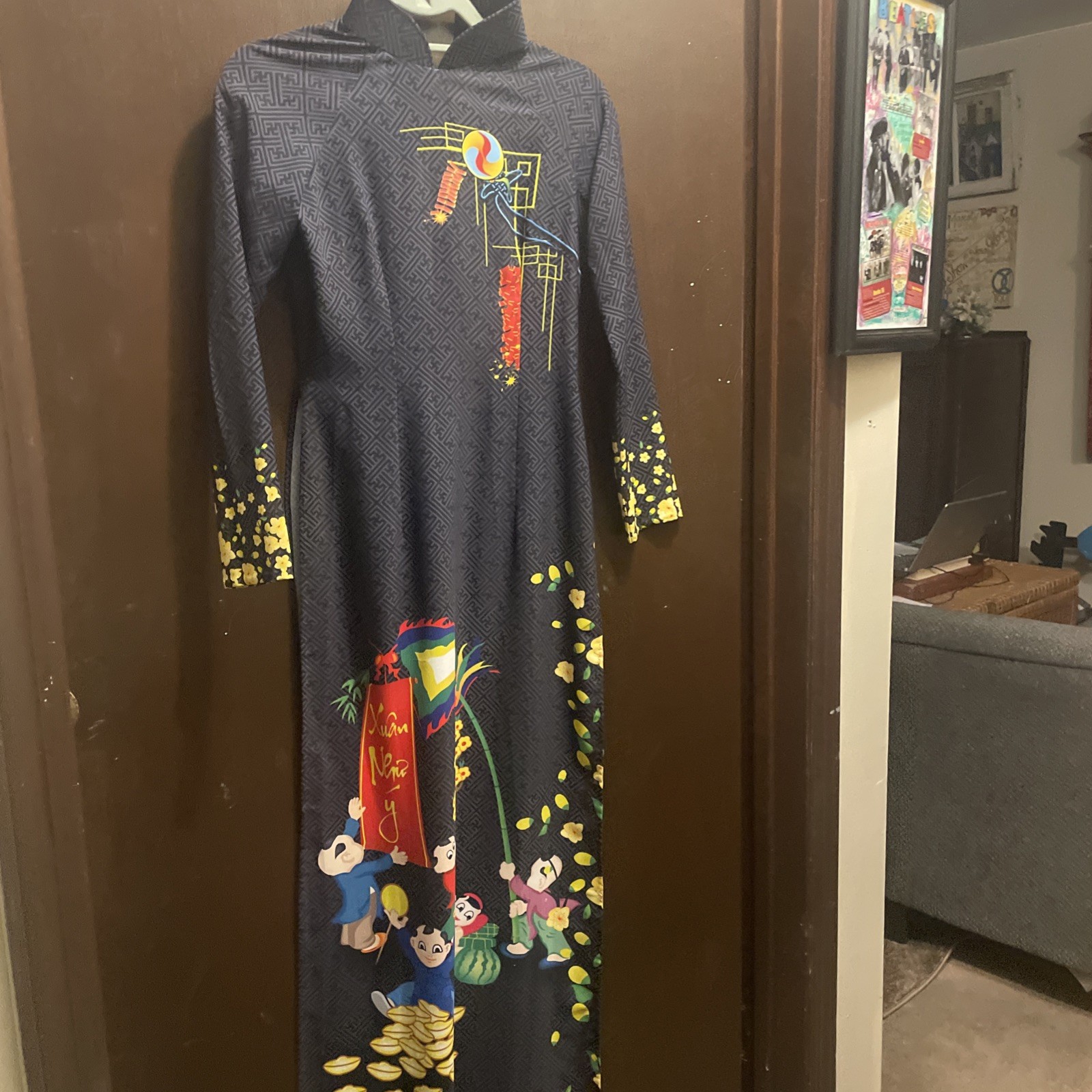 AO Dai Vietnamese Handmade Silk Dress Only! No pants size XS -Multicolor Flower