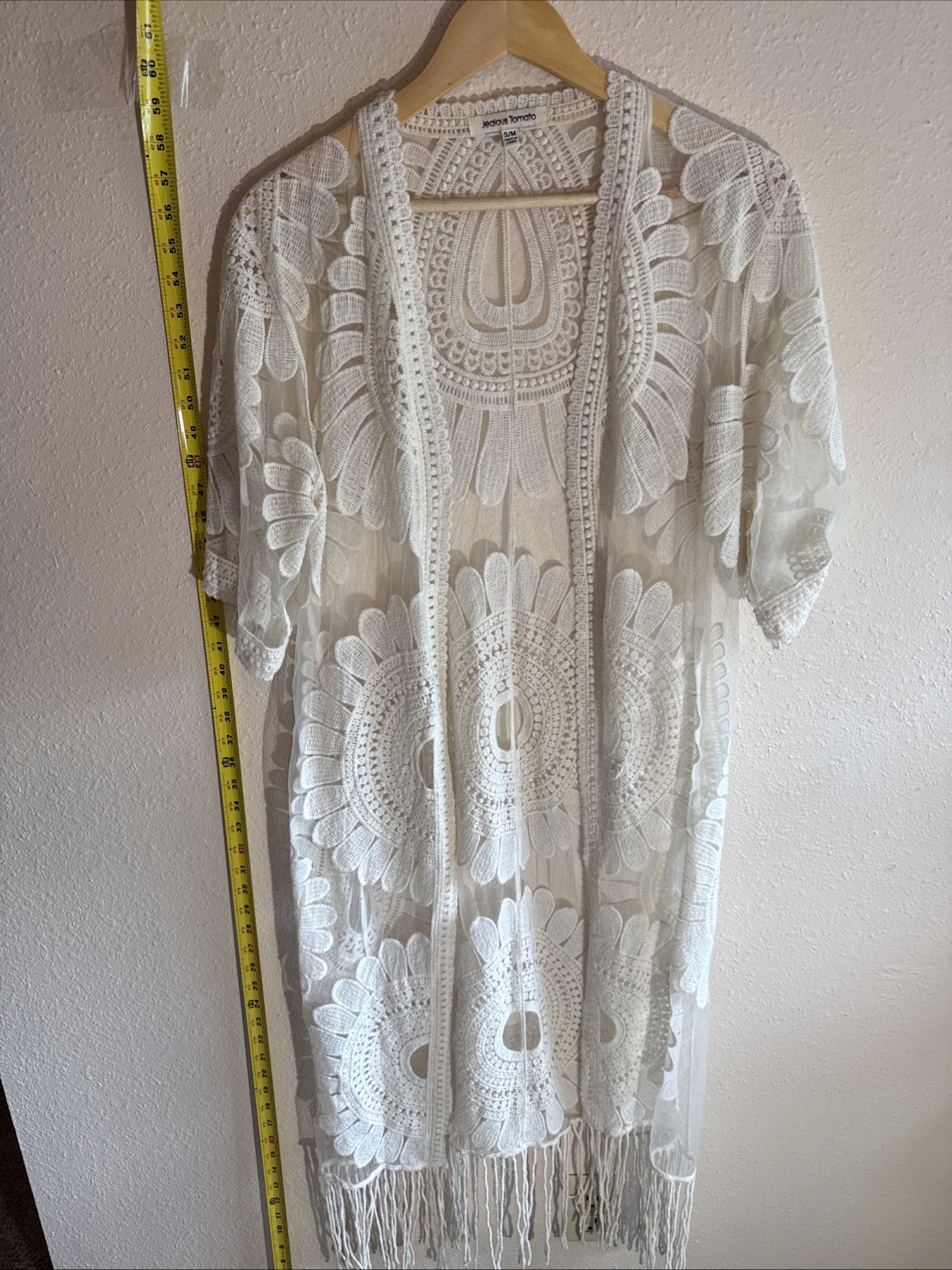 Jealous Tomato S/M Ivory Crocheted Cover Up or Kimono Fringe Trim Boho Resort