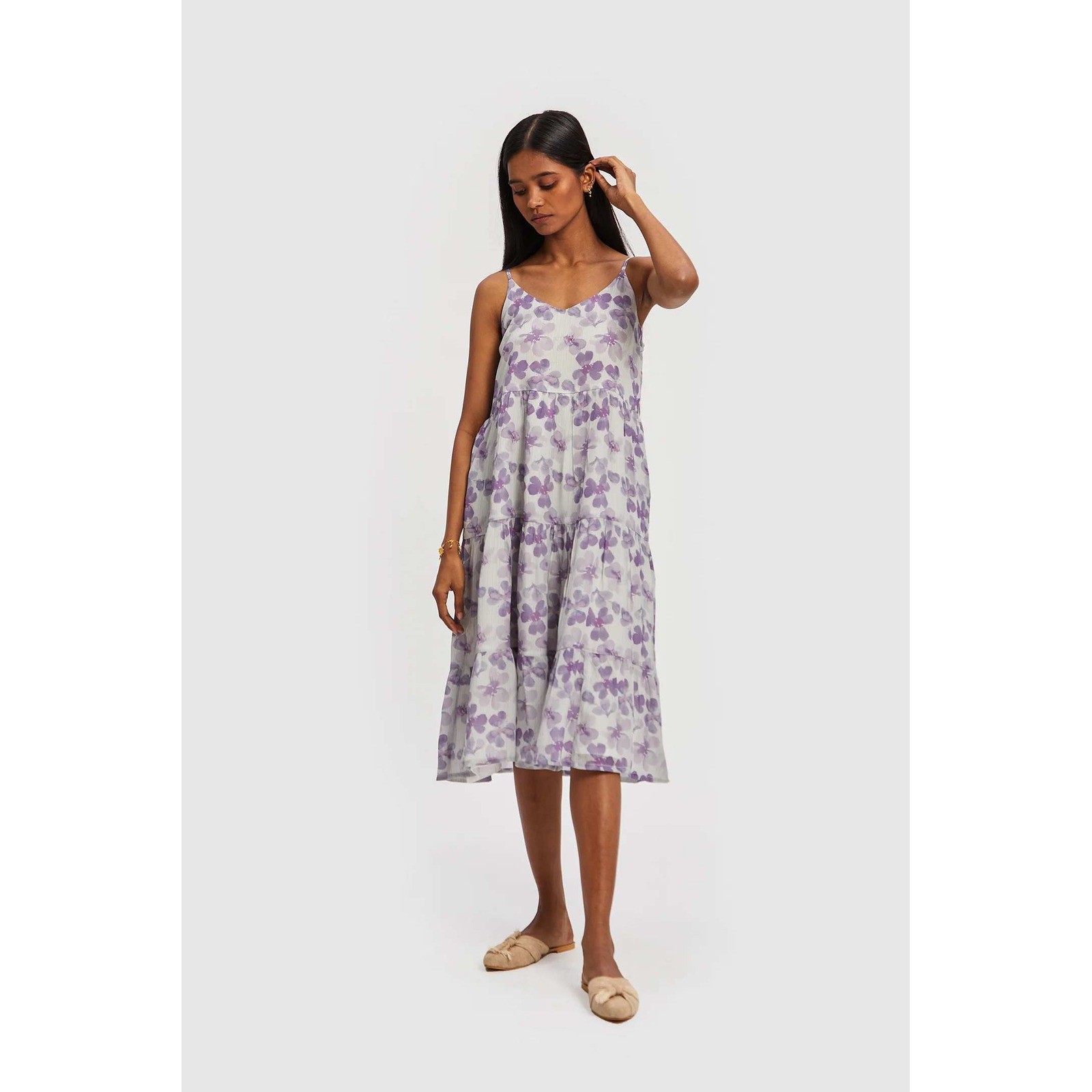 Reistor 100% Bemberg Cupro Lilac Strappy Floral Tiered Midi Dress Pockets S