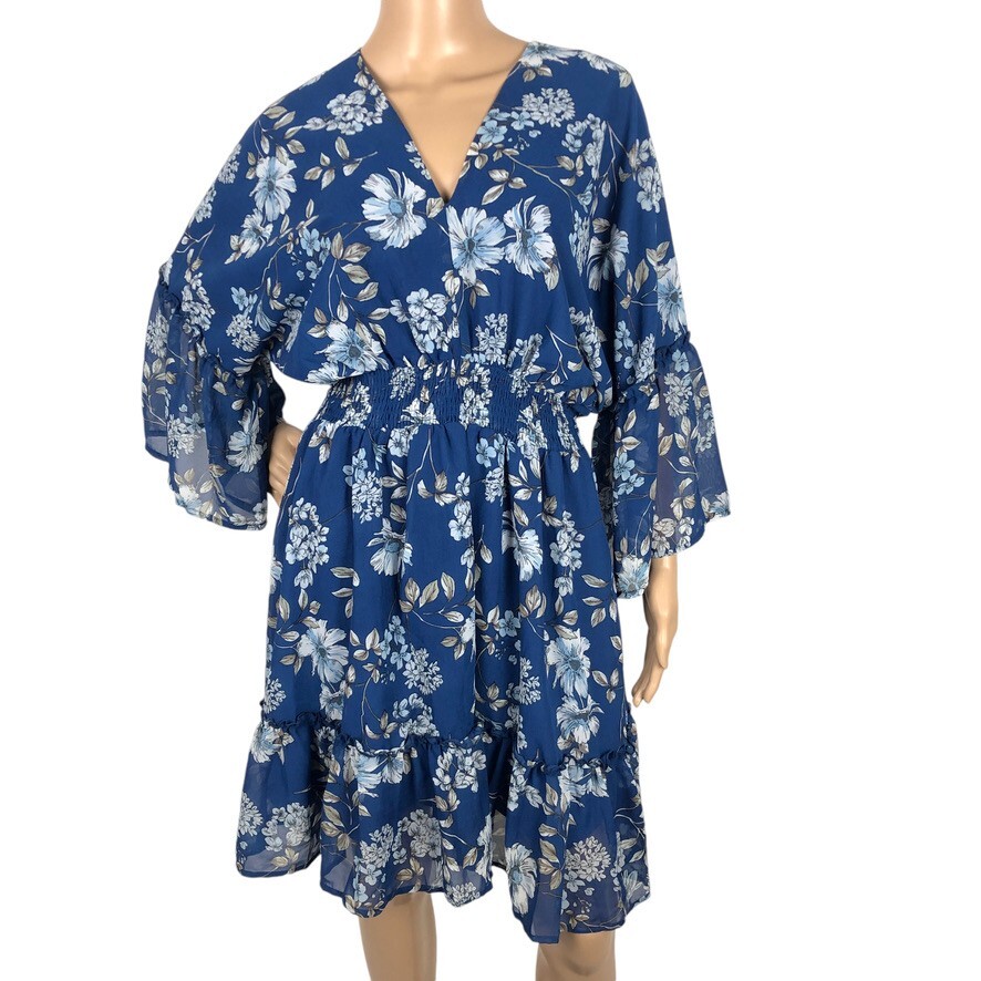 Jollycode Floral Print Kimono Mini Dress Size M Flare Sleeve Ruffle Tiered Boho