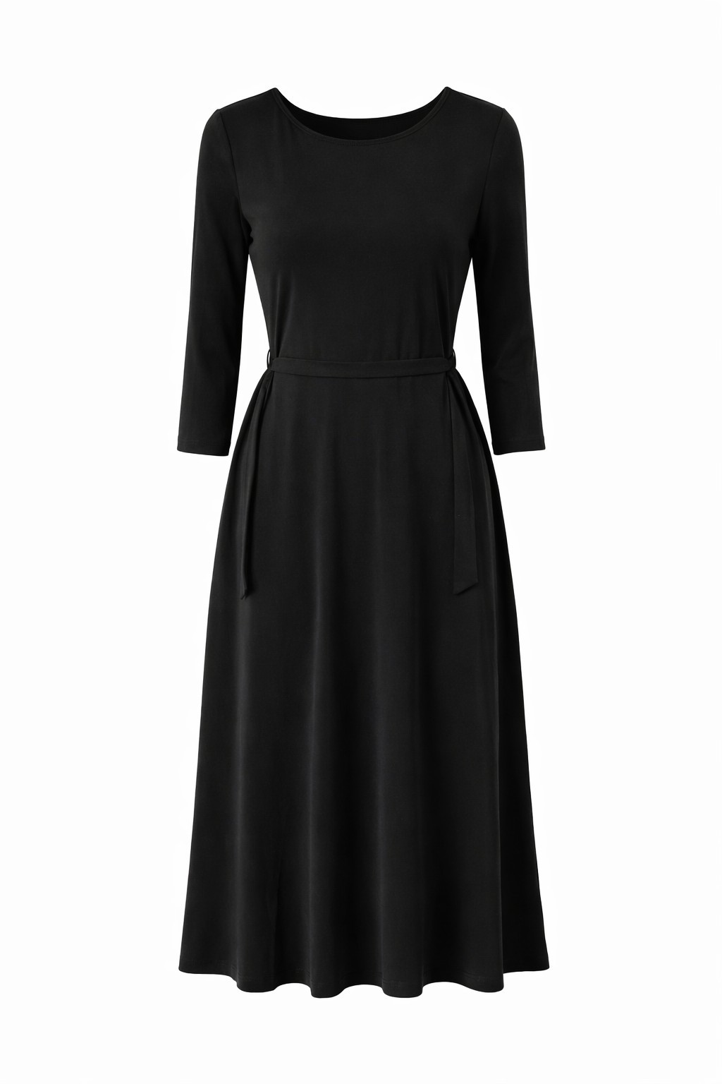 Leota Black Dress NWT Medium Midi A-Line Long Sleeve Stretch Belted Classic
