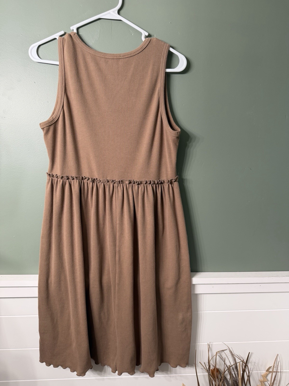 BTFBM Brown Ribbed Knit Round Neck Ruffle Waist Midi Sundress Sleeveless L