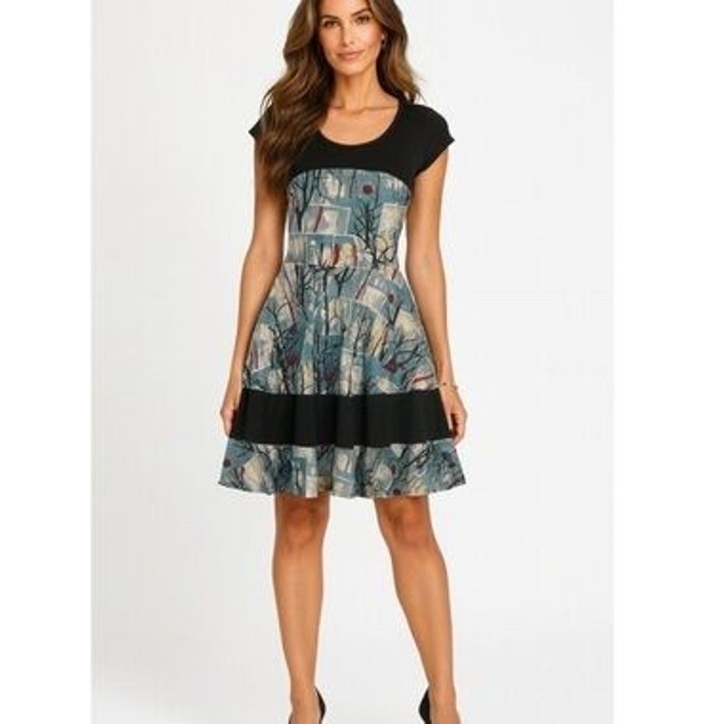 Effie’s Heart Napoli Colorblock Swing Dress M Geometric Swirl Print Pockets
