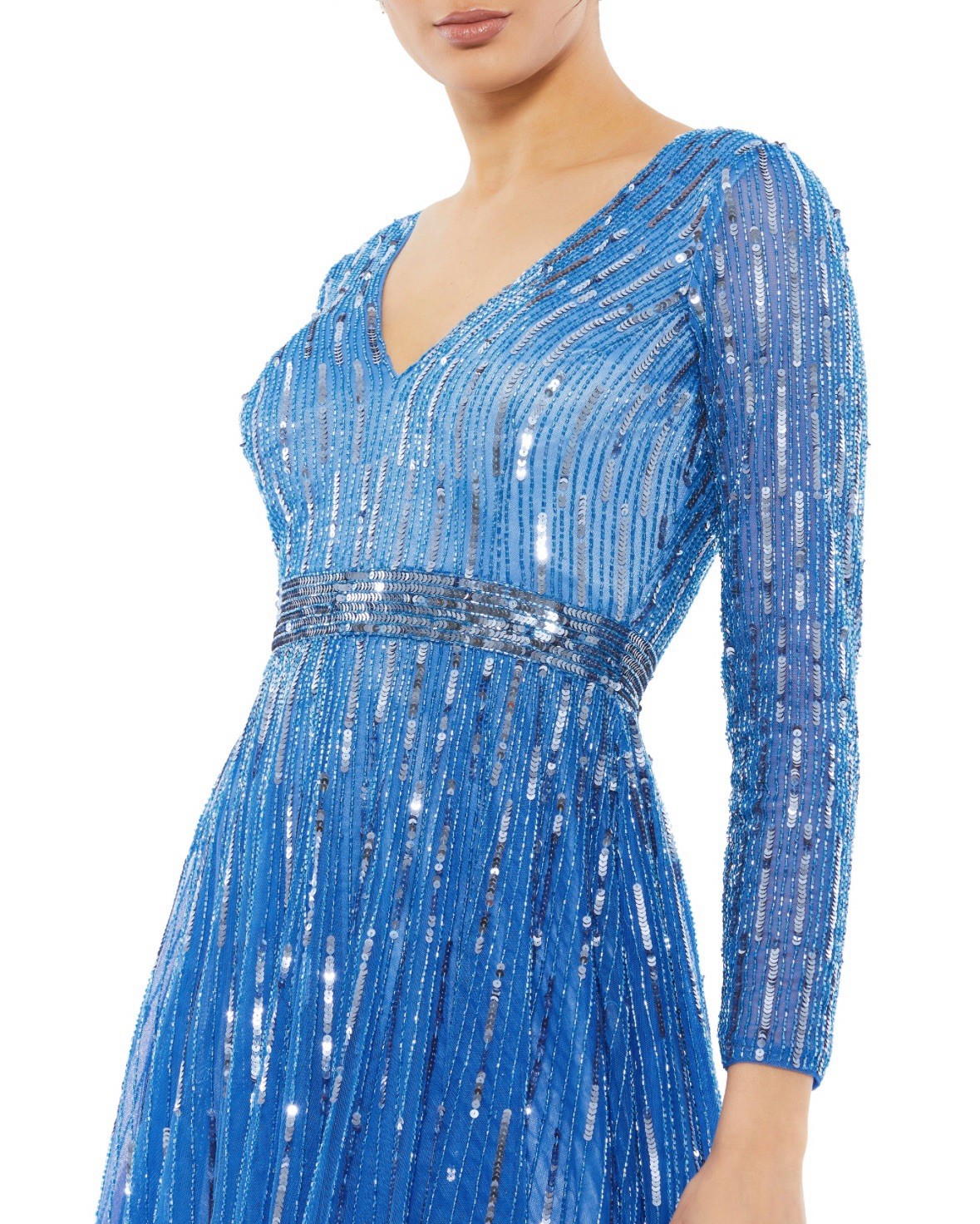 Mac Duggal Light Blue Sequin Tea-Length V-Neck Long Sleeve Formal Dress 22 *NOTE