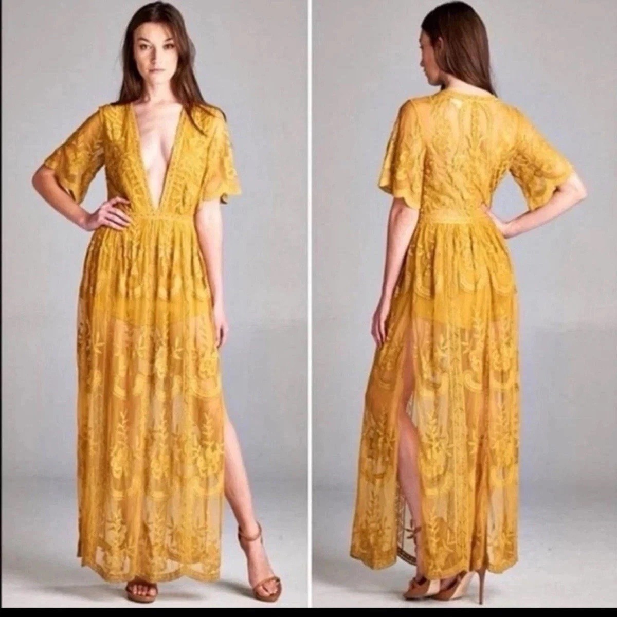 Socialite mustard embroidered lace plunge maxi dress Size Xs 100% Nylon & Cotton