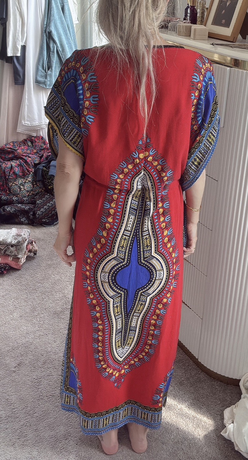 Dashiki Print Kaftan Maxi Dress Red Blue Angelina Tribal Boho Drawstring Waist