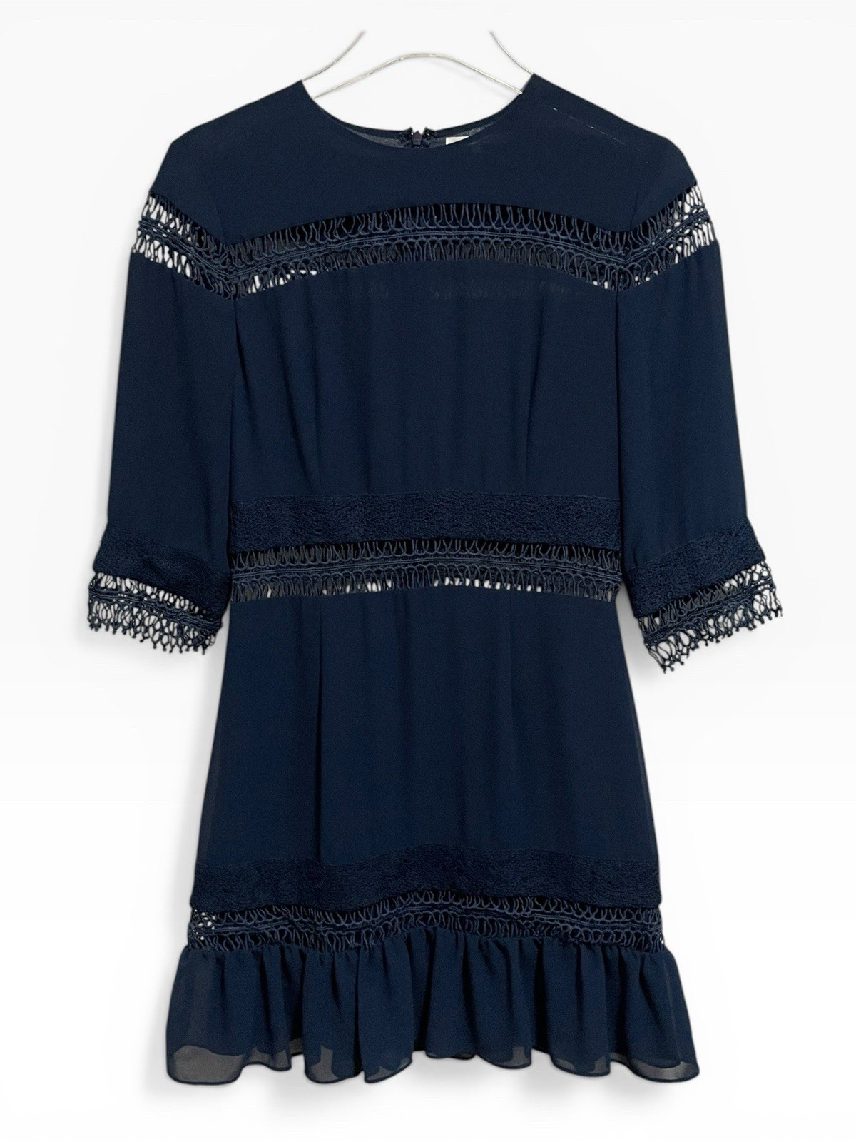 Tularosa Asher Dress Sz Small Blue Embroidered Lace Trim Sheer Open Panel Ruffle
