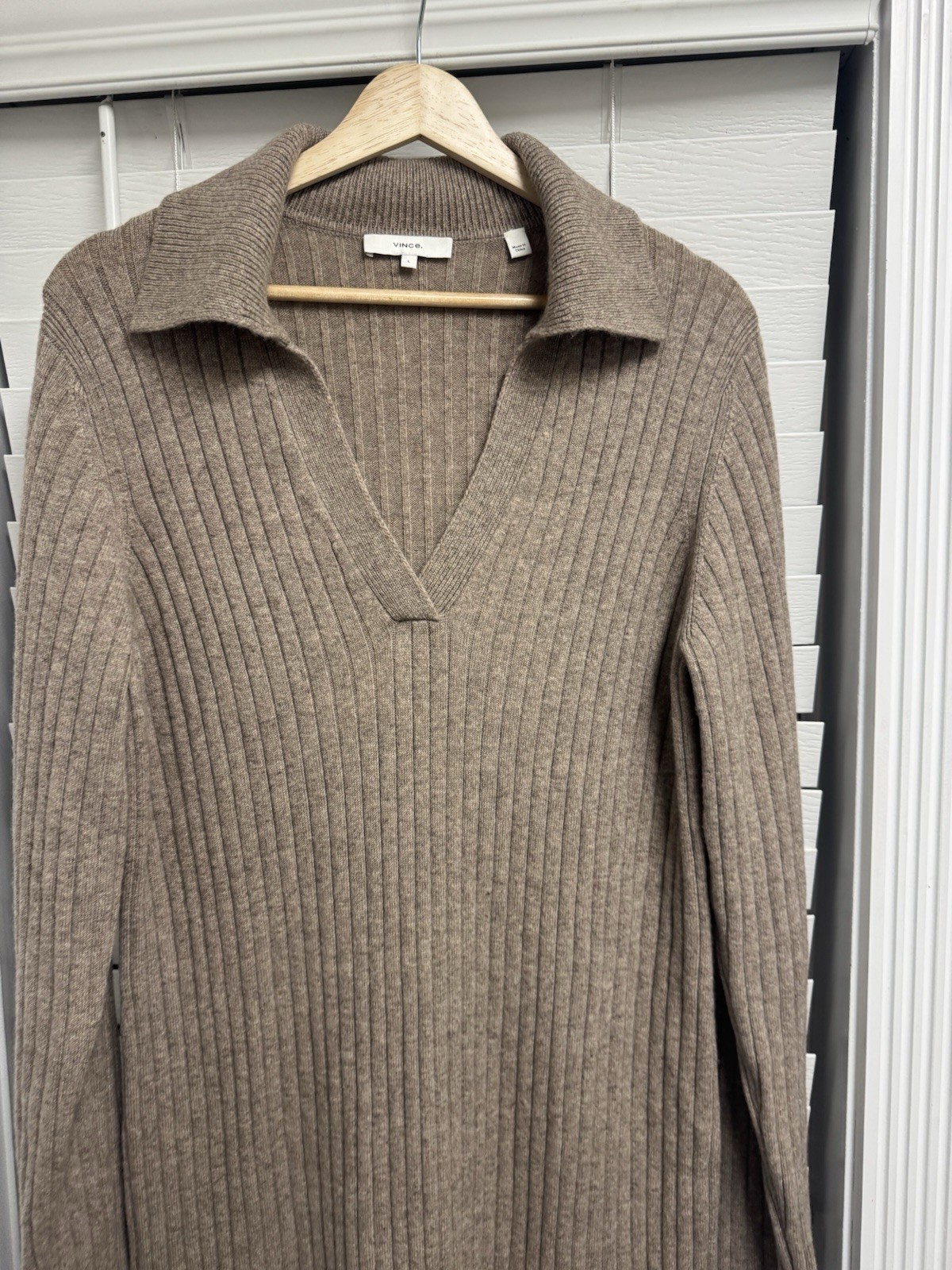 Vince Cashmere Wool Collared Ribbed Sweater Dress Polo Knit Brown Mocha Tan L