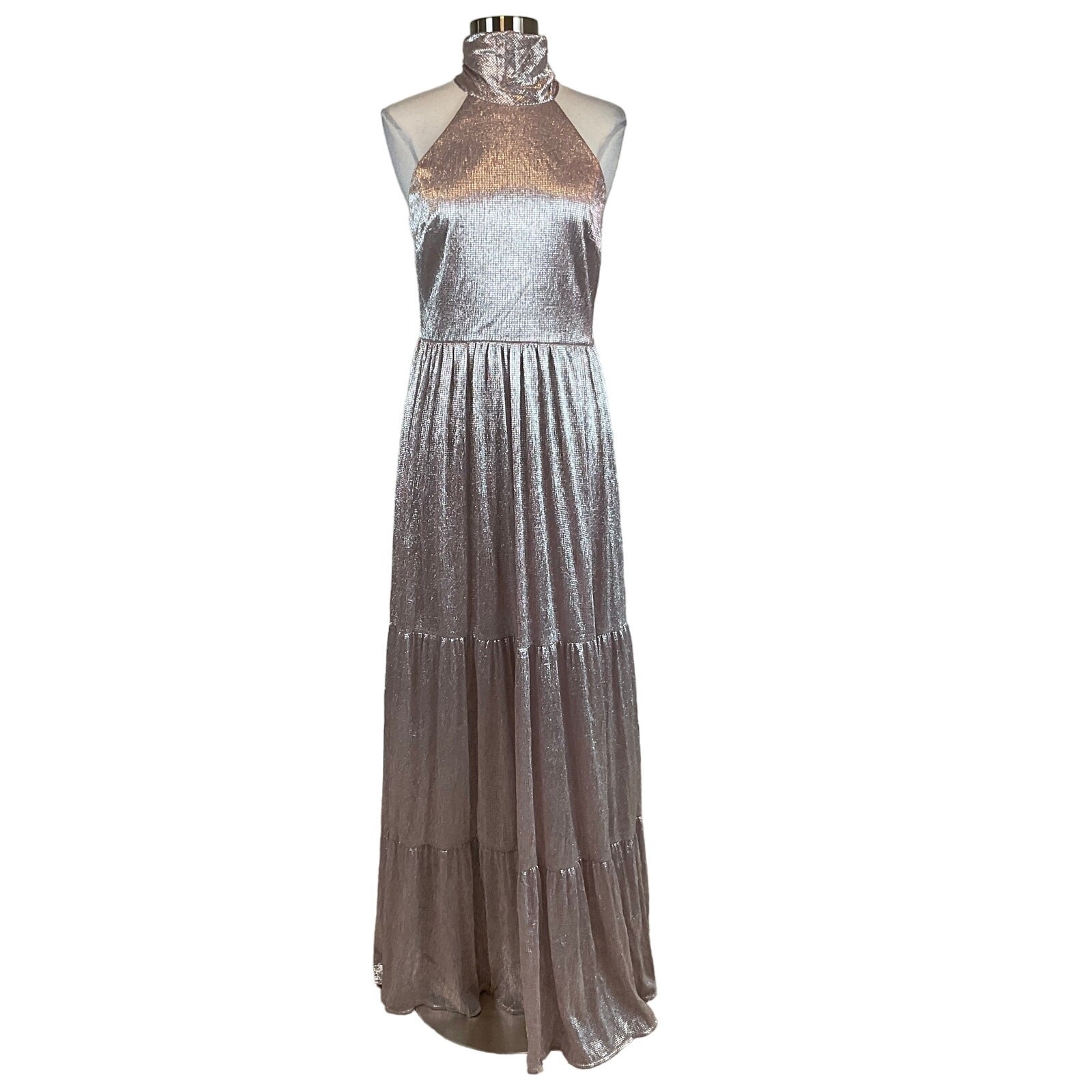AQUA Pink and Silver Evening Gown Metallic A-Line Halter Maxi Dress Size 10