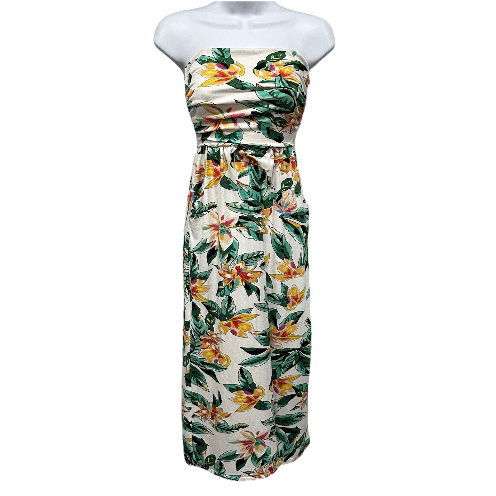 Absolutely Love It Maxi Dress Juniors Sz Medium White Tropical Strapless Pull On