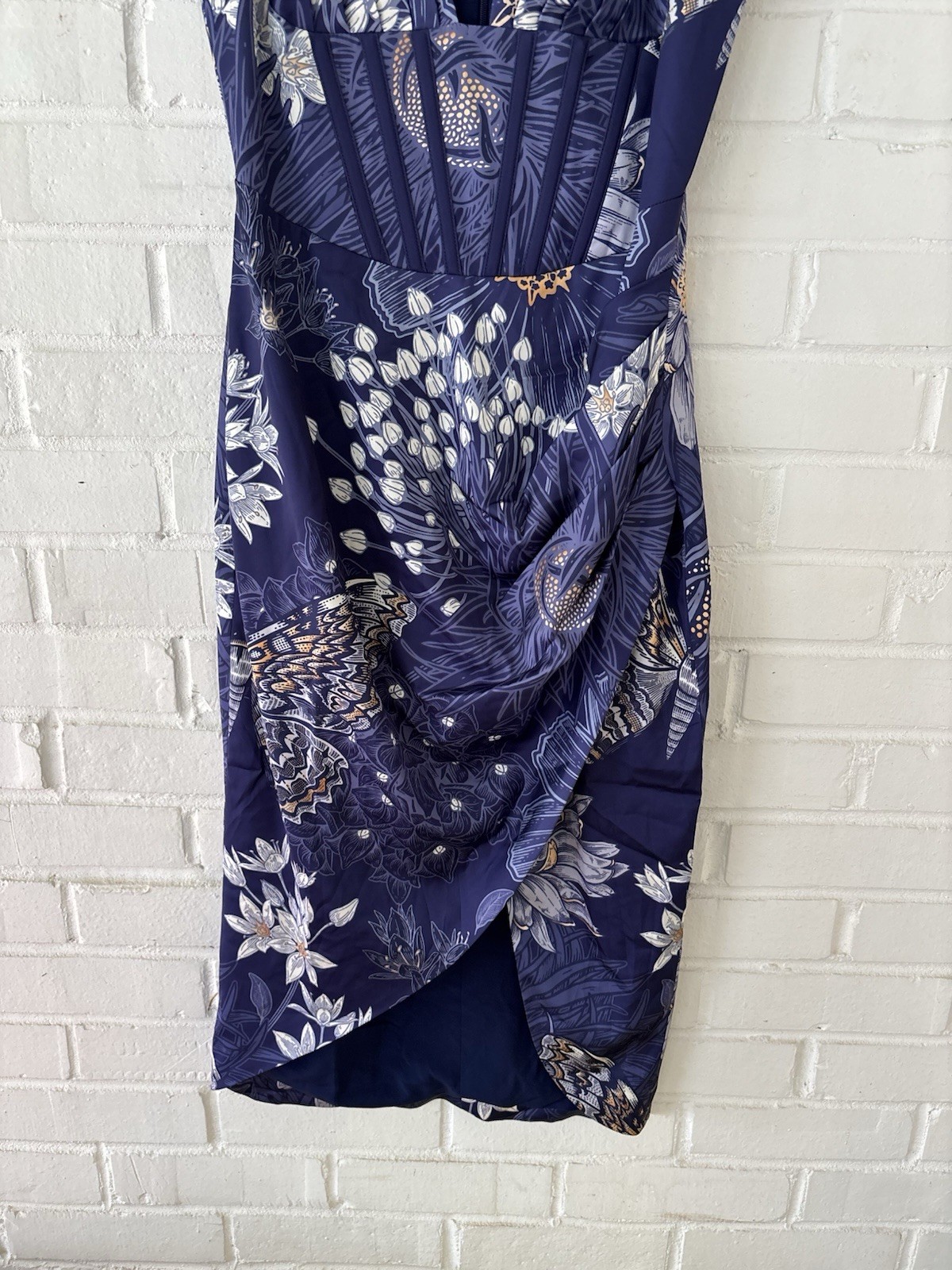 Averie Dani Draped Midi Dress Navy Blue Floral Fauna Print Corset Bustier Sz XS