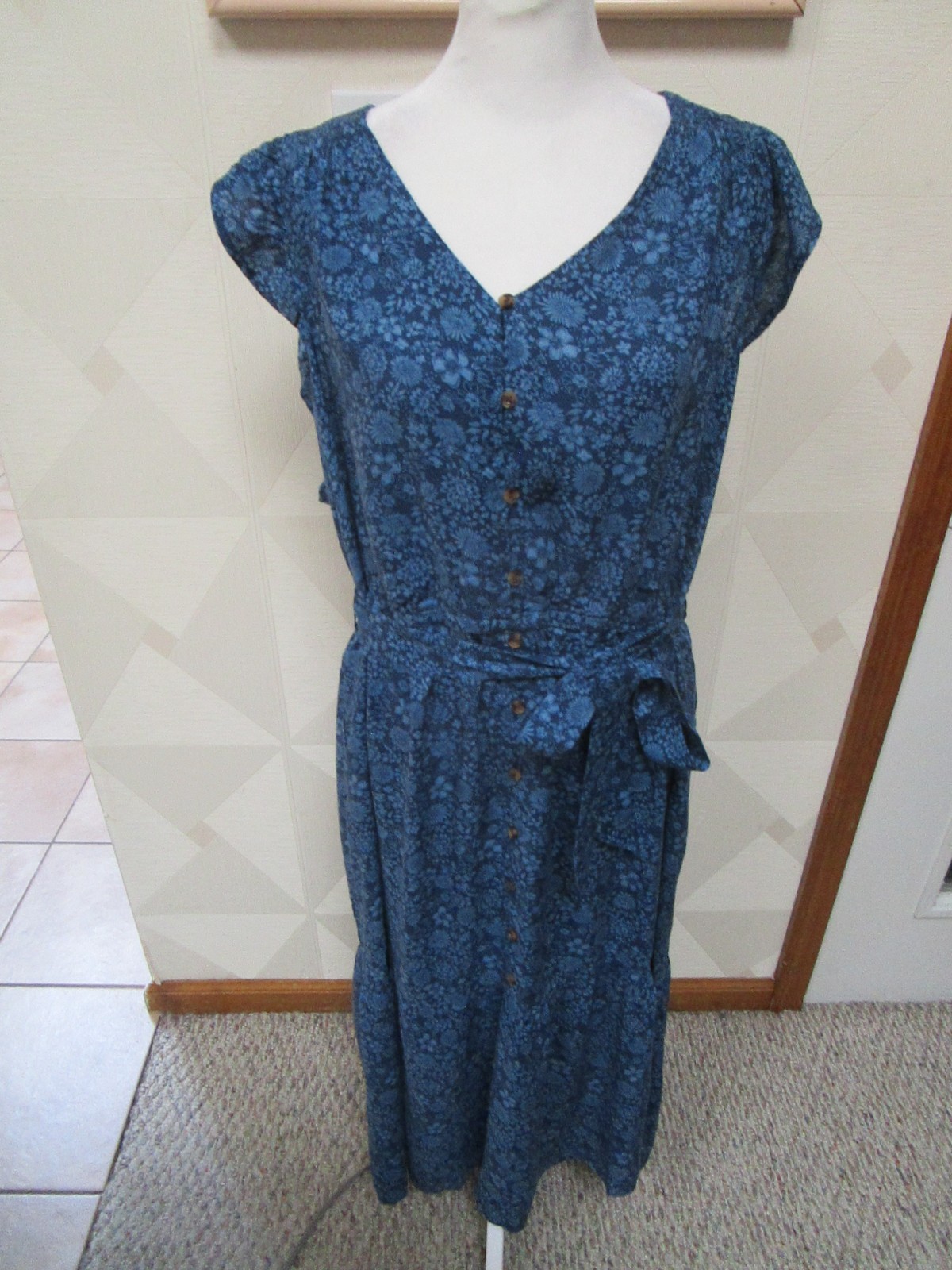 SONOMA-NAVY/BLUE-FLORAL-V-NECK-RUFFE SLEEVELESS-MAXI DRESS-SIZE-XL-NEW