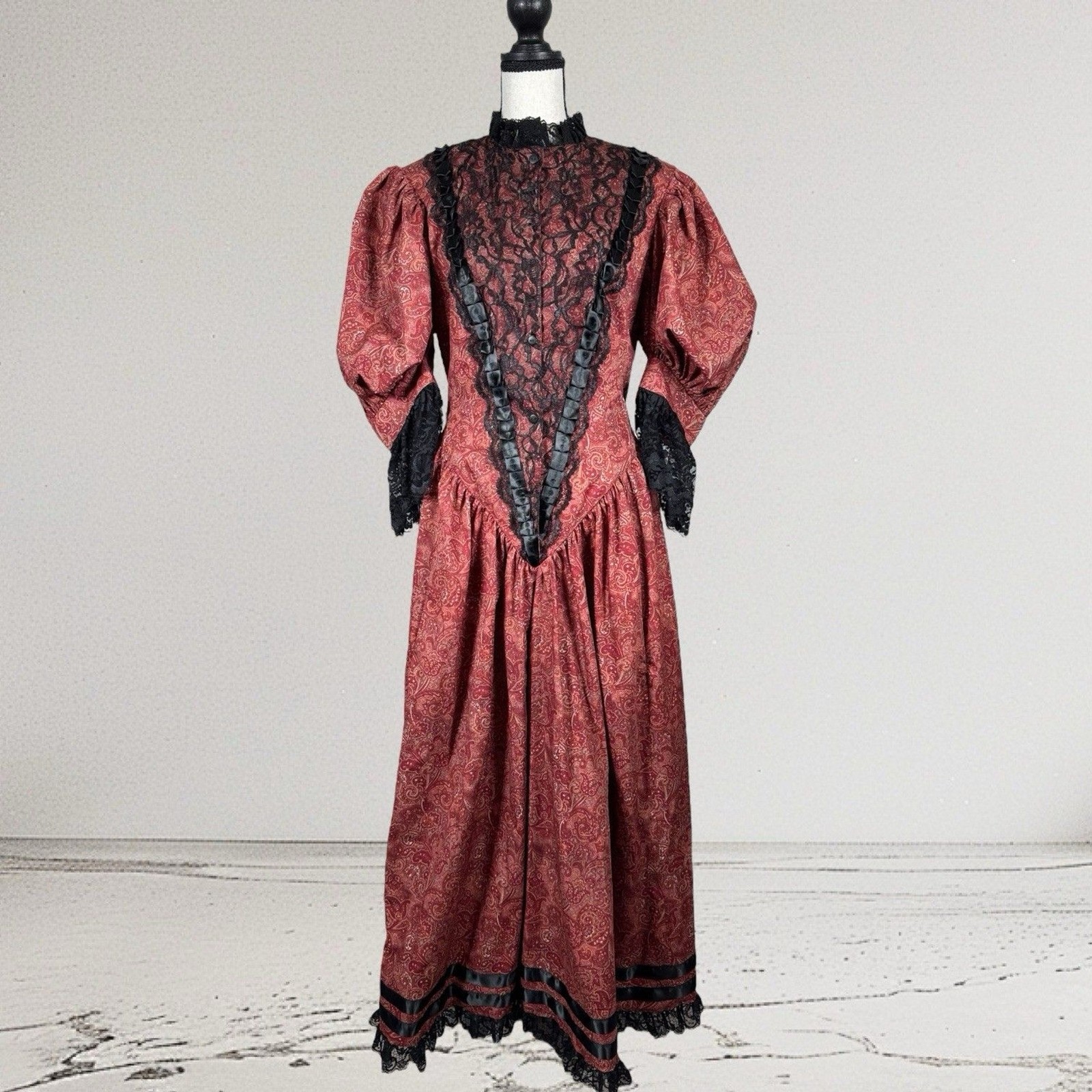 Recollections Dress Victorian Paisley With Lace & Satin Ribbon Size M