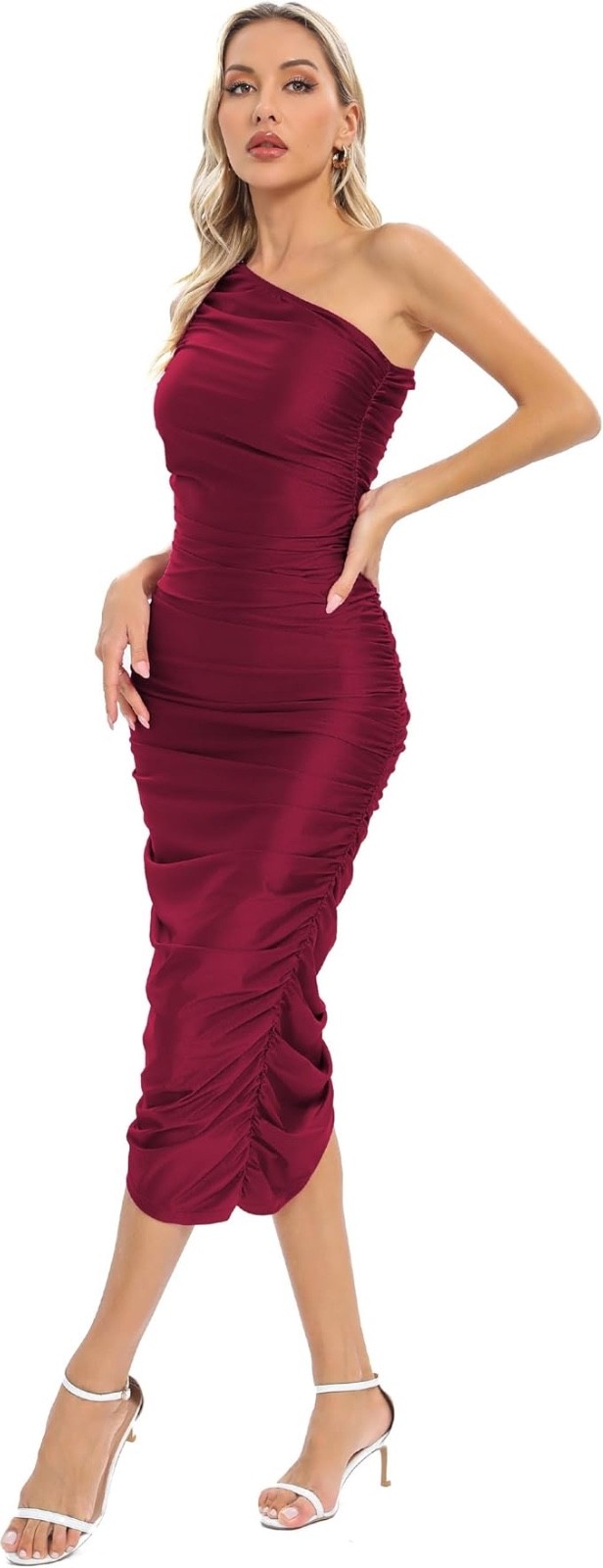 Capuffy Women’s One Shoulder Pencil Dress Ruched Bodycon Dresses MED Wine Red