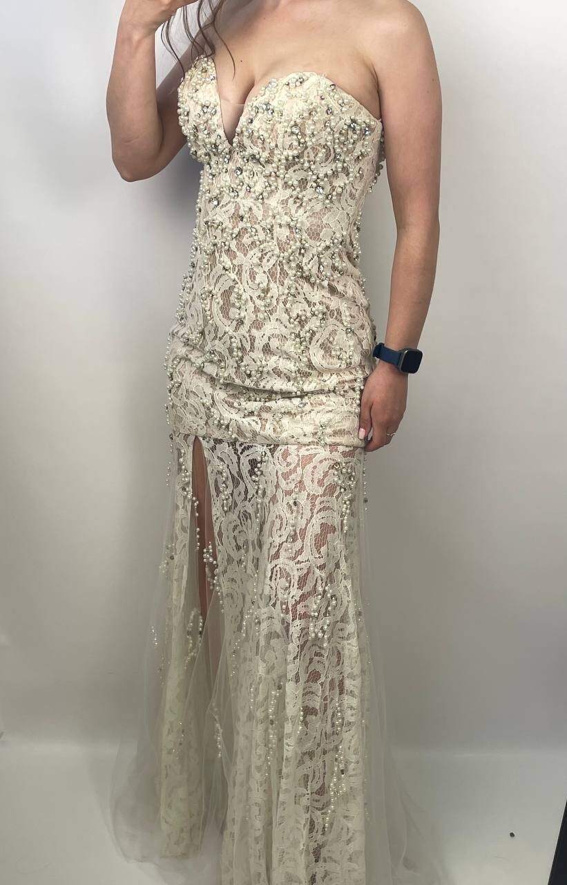 Jovani Strapless Lace Gown Beaded Pearl Nude Ivory Dress Sz 4 Small Prom Formal