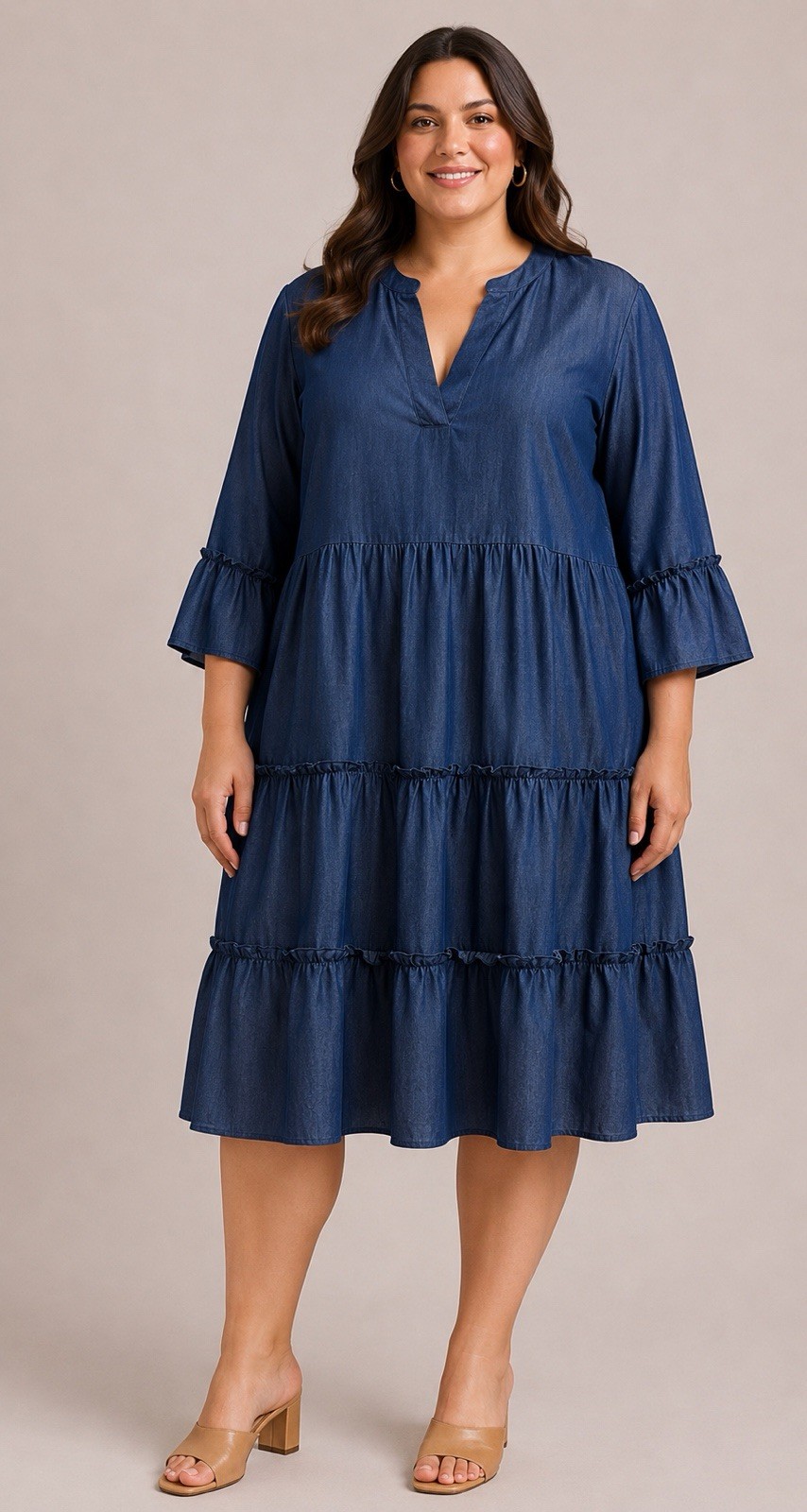 Mlle Gabrielle faux tencel denim dress,plus size,3/4 bell sleeve,ruffels.