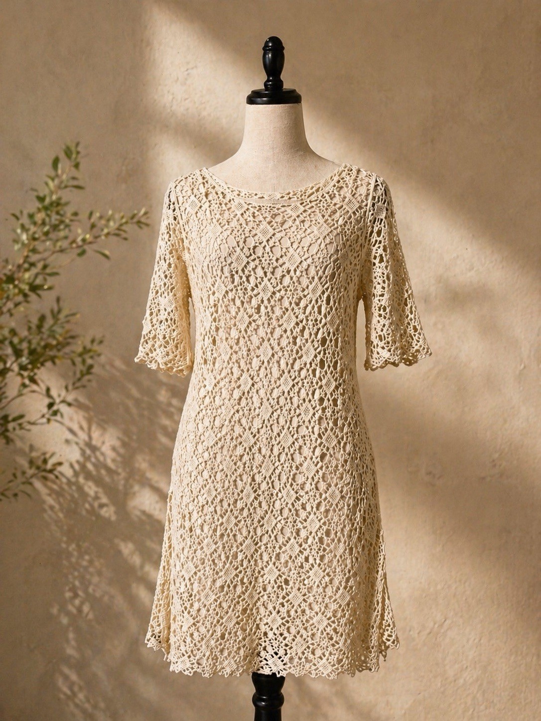 lauren ralph lauren off white crochet shift dress bell sleeve round neck pm