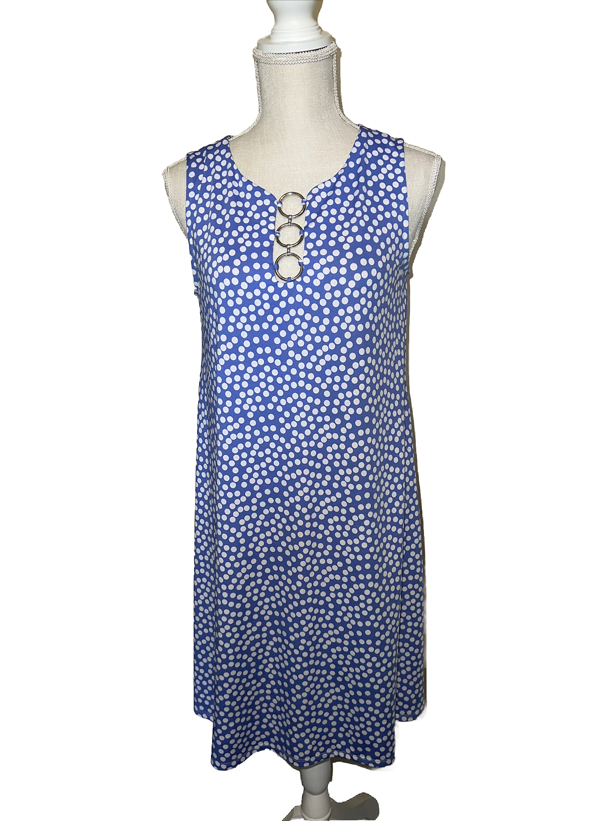 Ivy Lane Womens Navy Blue Polka Dot Sleeveless Collared A Line Dress Size M
