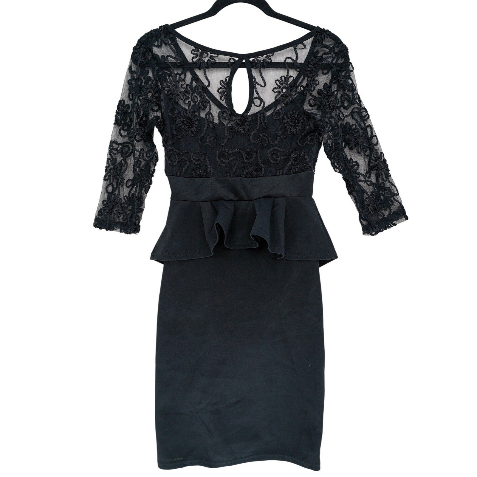 Black Embroidered Round Neck Peplum Pencil Dress M Sheer Keyhole Cocktail Formal