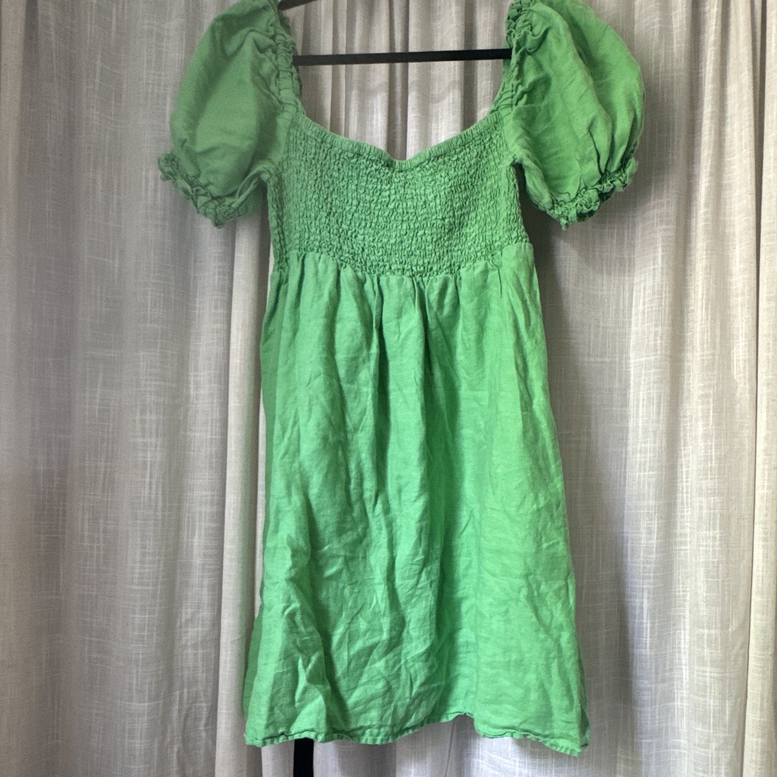 House of Harlow 1960 Green Solid Square Neck Smocked Puff Sleeve Mini Dress L