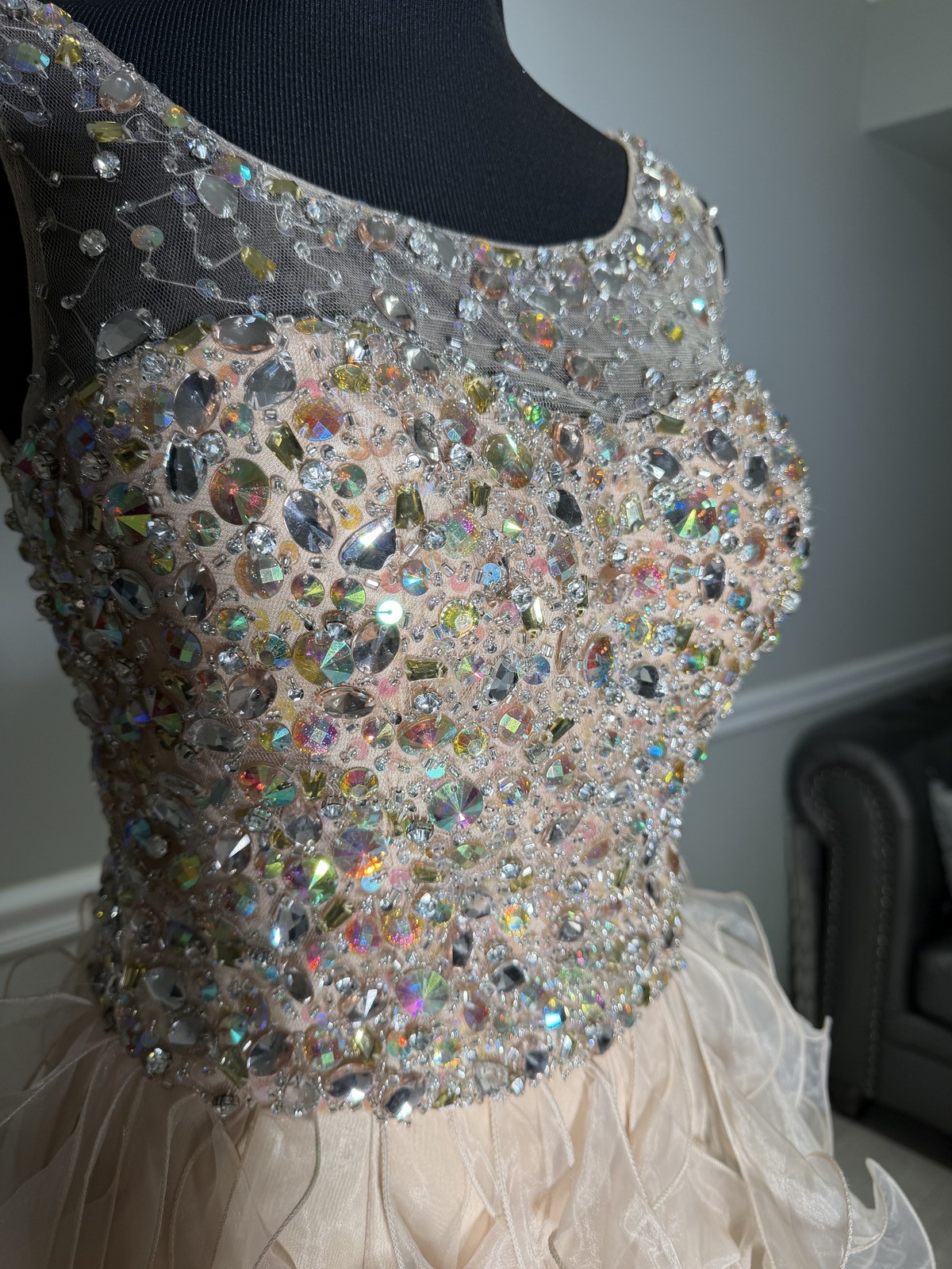 Colors Dress Rhinestone Ruffle Mini Dress Blush Champagne Size 8