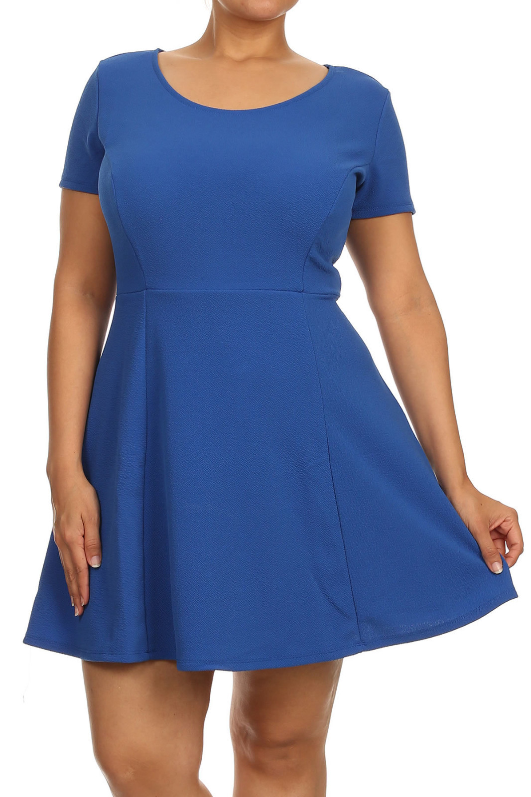 PLUS SIZE 1X 2X 3X PLEATED FLARE DRESS w/ SCOOP NECKLINE ROYAL BLUE BLACK RED