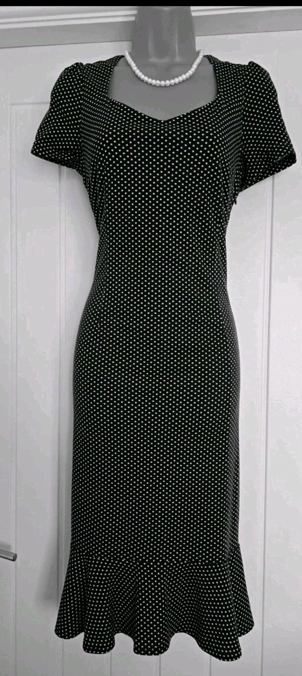 Vintage 1940s 1950s Style Black Polka Dot Wiggle Dress Size 12 TWINWOOD