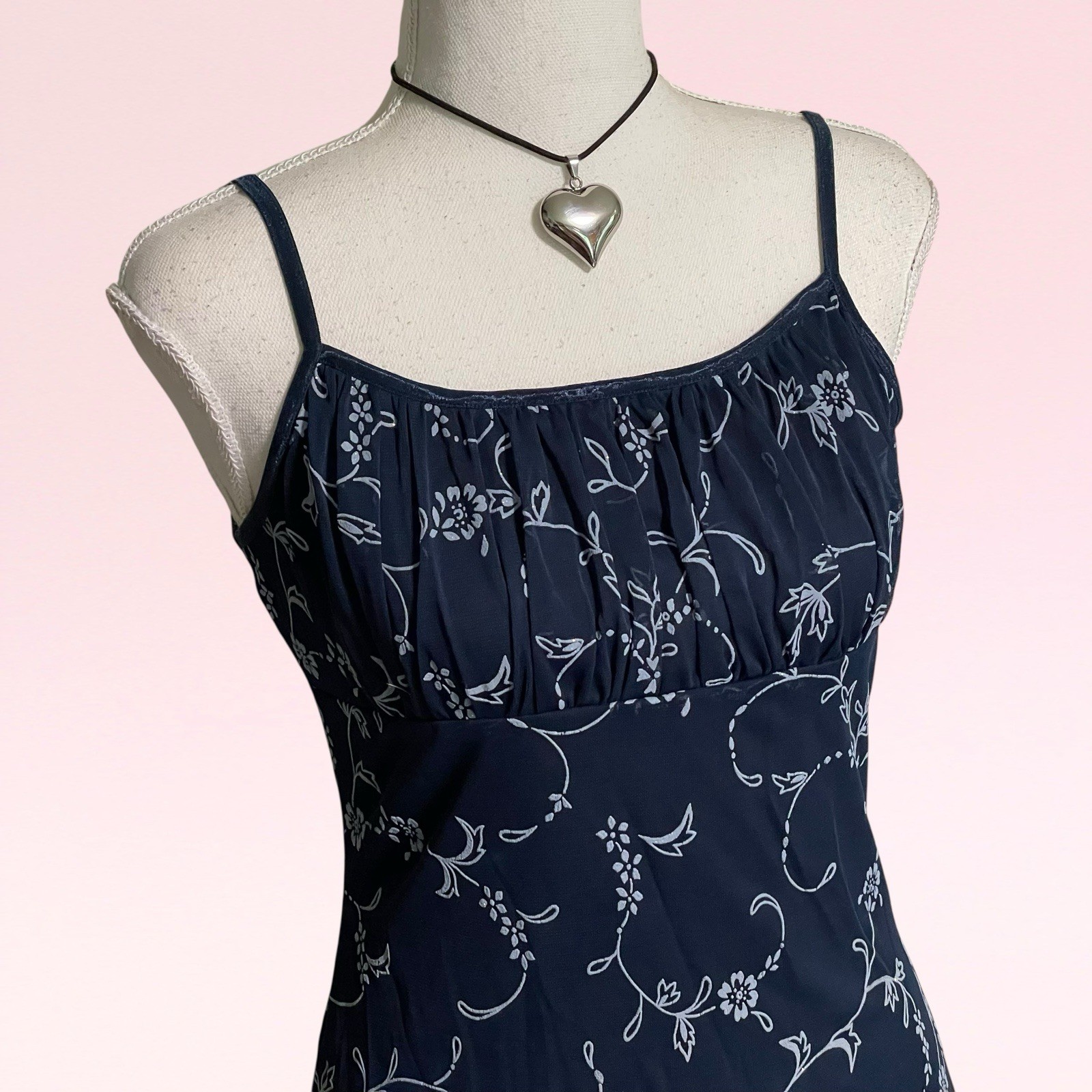 vintage y2k whimsy goth floral milkmaid navy blue mesh grunge slip party dress M