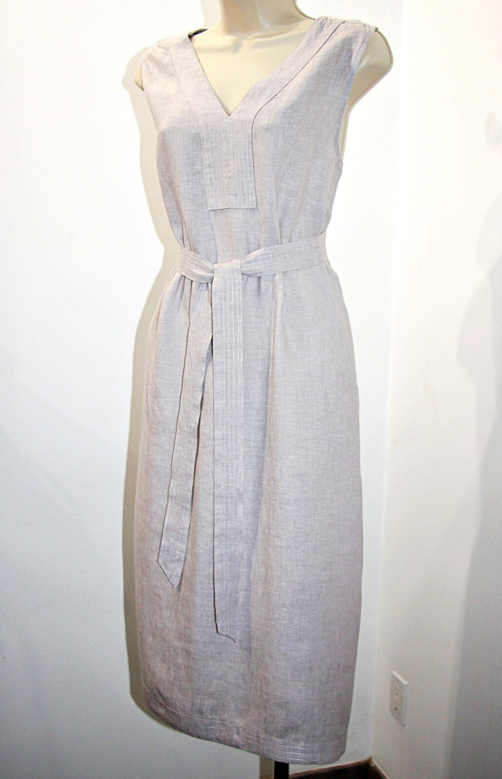 TAHARI 100%Linen Button-Side-Slits Pockets Belted Midi Dress in Light Grey sz XL