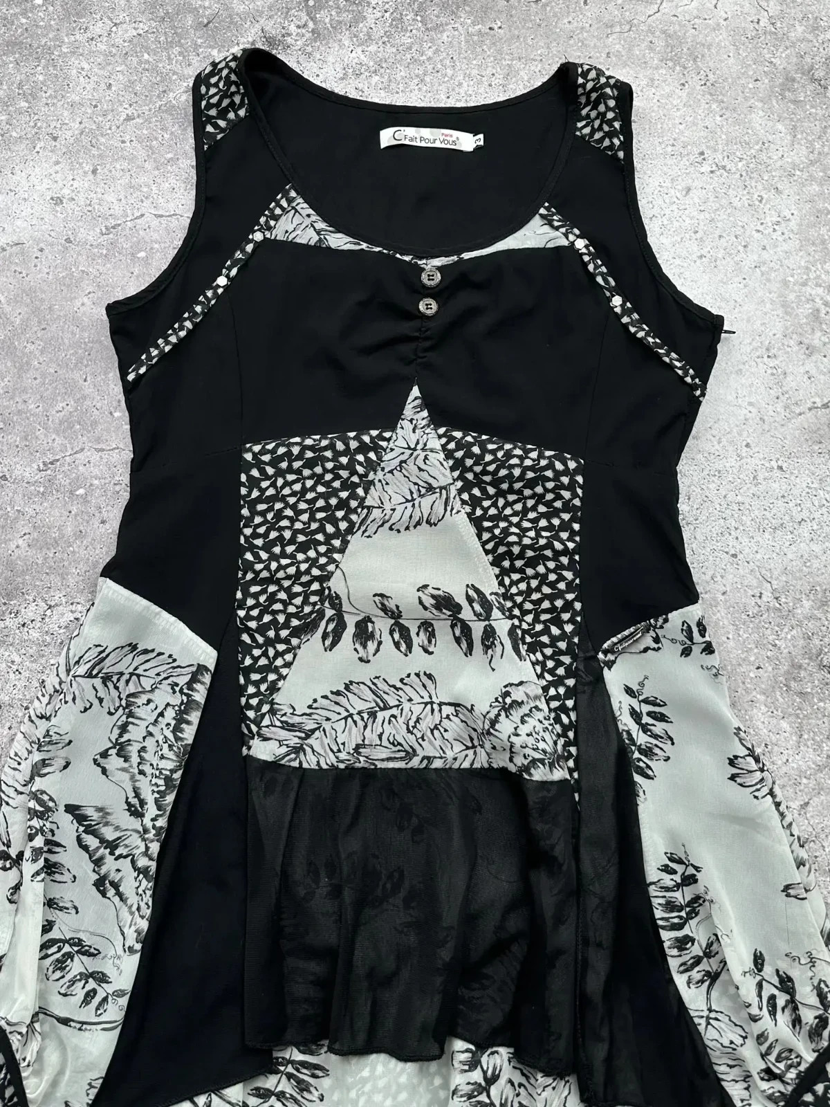 Y2K Patchwork Sleeveless Dress Asymmetrical Ruffle Hem Boho Top Women’s Size M
