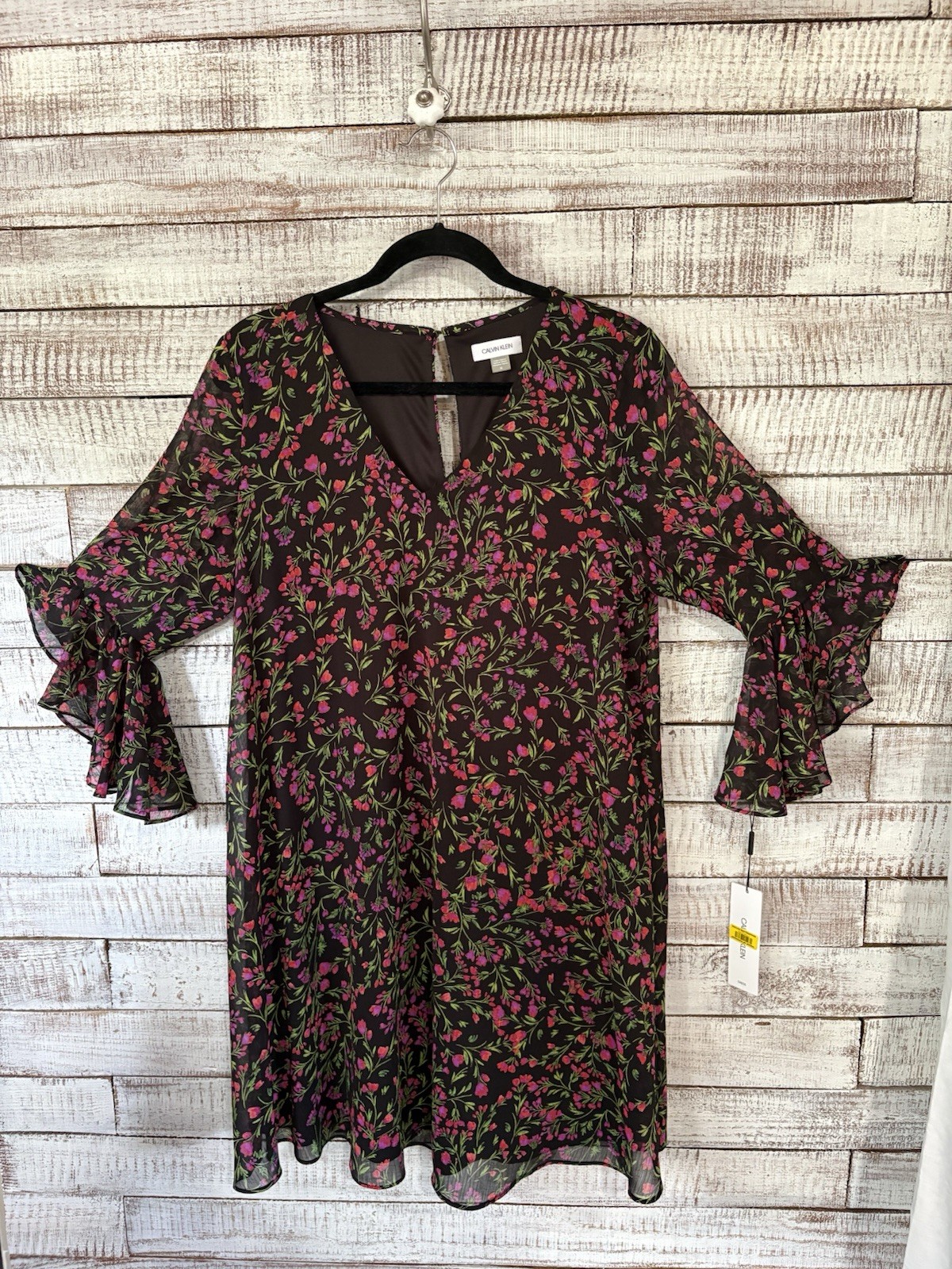 🔥 NWT Calvin Klein Crinkle Chiffon Floral Print 3/4 Bell Sleeve Women’s Size 14
