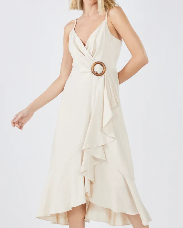 BCBGMAXAZRIA LINEN BLEND “DORIS” RUFFLED MIDI DRESS IN COROZO SIZE 10-$268