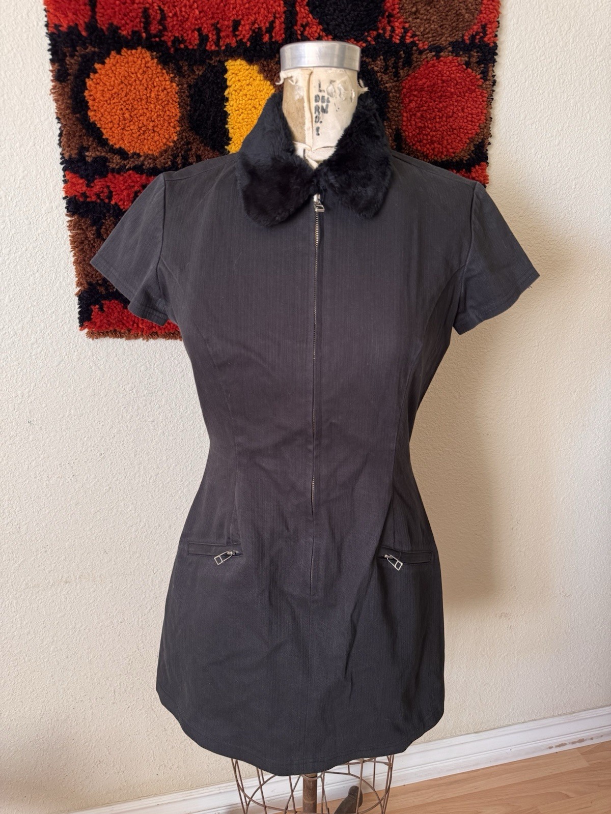 Vintage 90s Y2K Black Zip Front Bodycon Mini Dress vtg Flower Patch Mossimo
