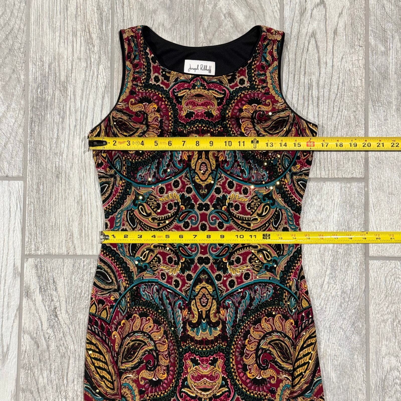Joseph Ribkoff Jewel Tone Digital Print Jersey Dress Sz 8 Sequins Fitted Sheath