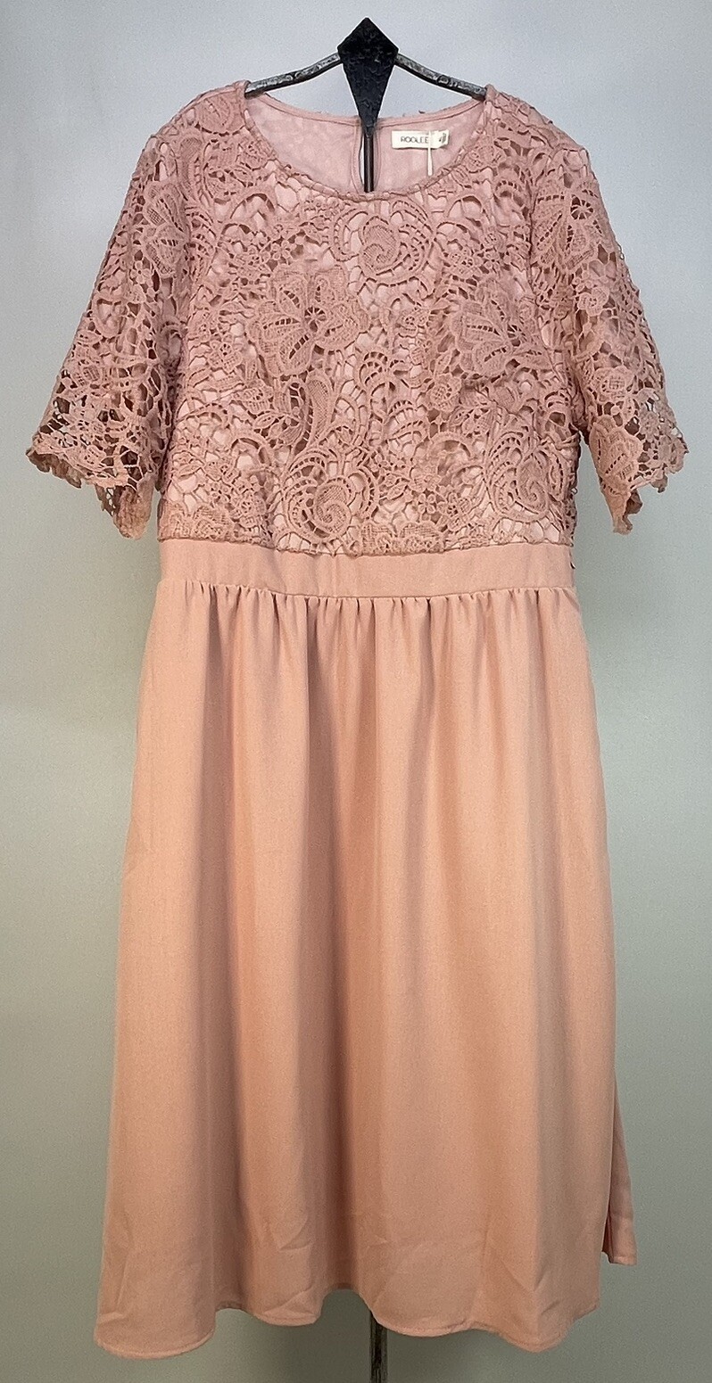 Roolee Midi Dress Floral Crochet Mauve Side Pockets Side Zipper Lined Sz XL NWT