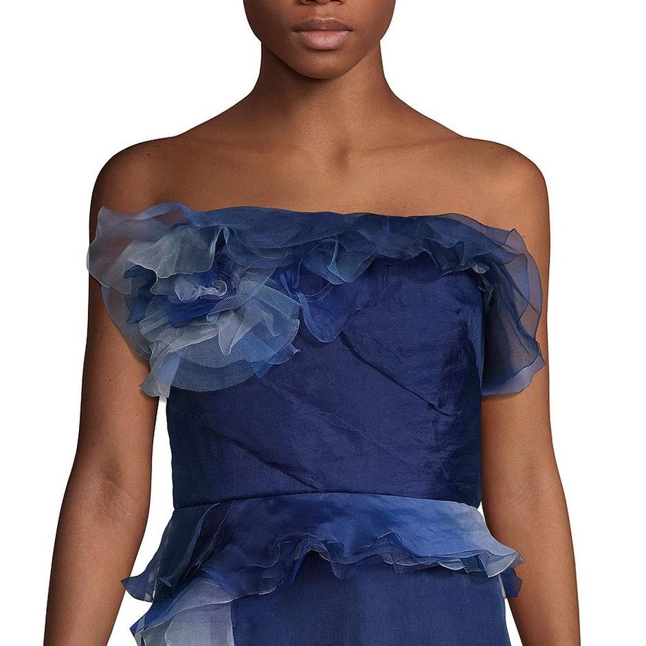 MARCHESA Ombre Strapless Flower Ruffled Tiered Silk Cocktail Dress, 2 Blue