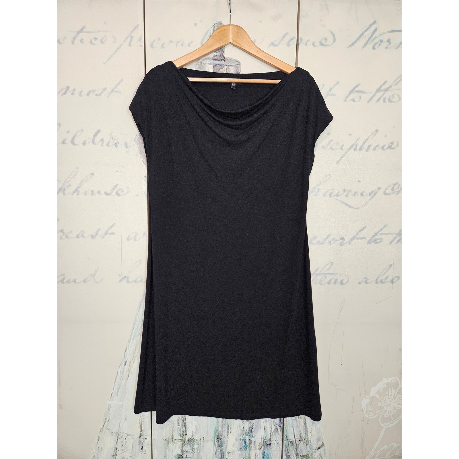 Eileen Fisher Drape Neck Tunic Dress M Black Rayon Lycra Stretch Minimalist
