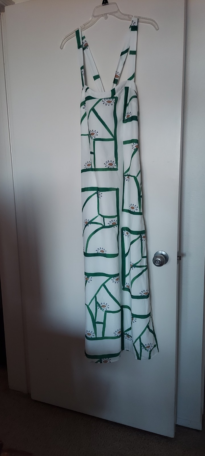 Commense Green/White Geometric Eye Maxi Dress Strappy Square Neck Tie Back L