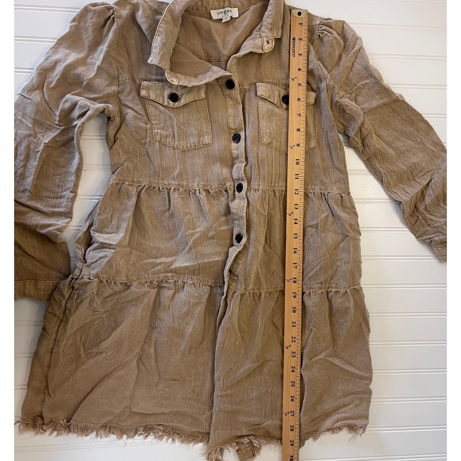 Umgee Tan Mineral Wash Western Boho Tiered Button Down Dress Raw Hem Small