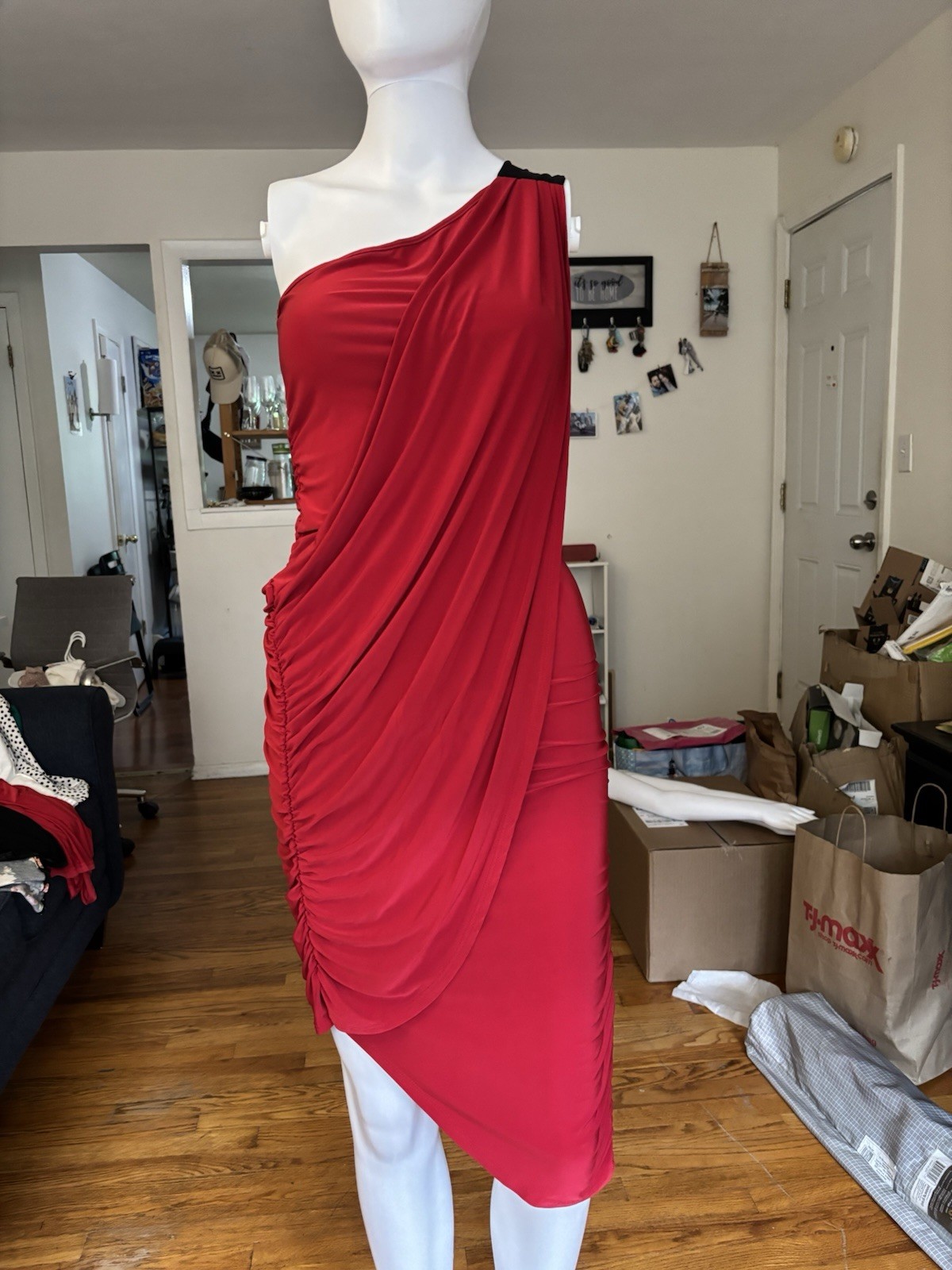 Red One Shoulder Ruched Draped Jersey Bodycon Knee Dress Size S Stretch
