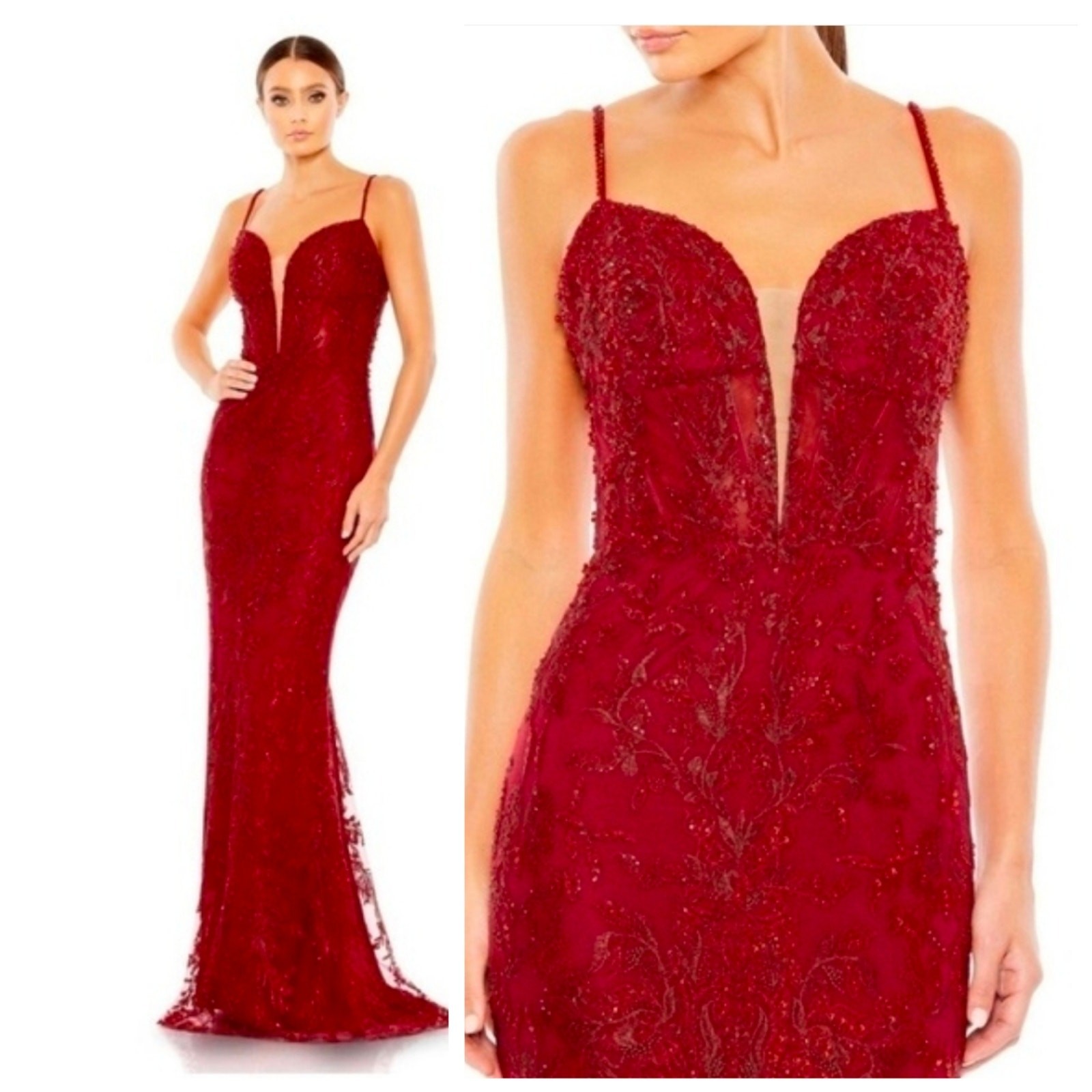 Mac Duggal 20330 Red Beaded Formal Dress Embroidered Evening Gown Maxi 12