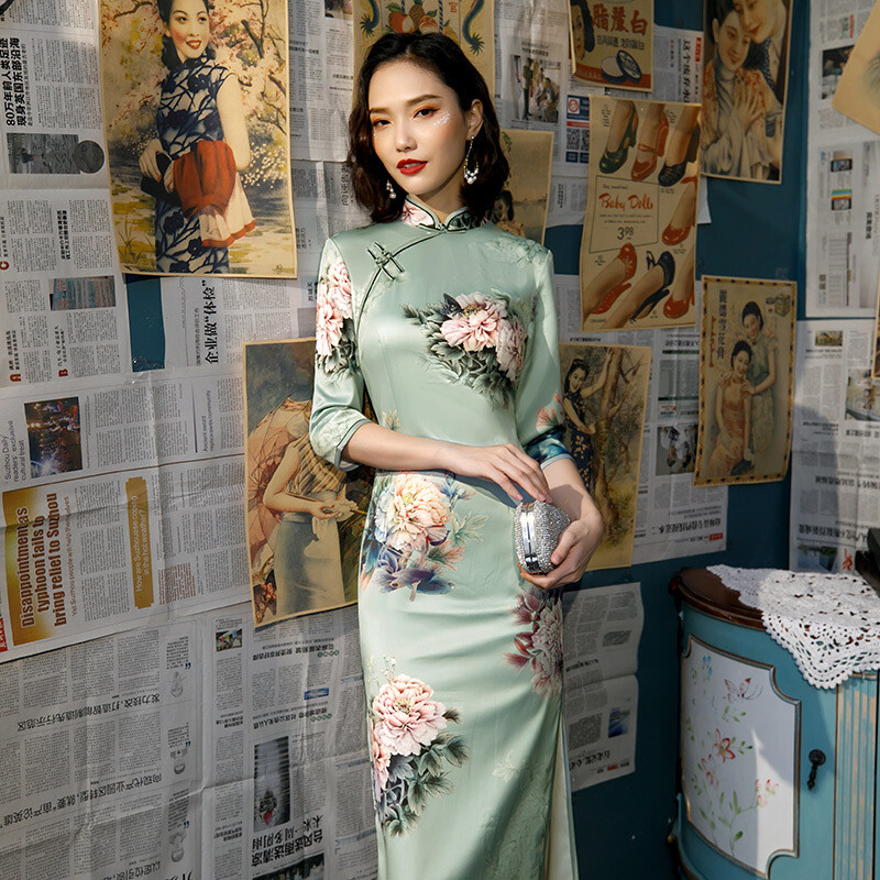 Chinese Traditional Long Cheongsam Women Silk Dress Prom Qipao Size S-3XL