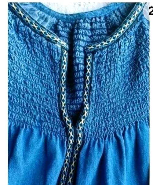 Cottagecore Chambray Embroidered Mini Dress Floral Boho Blue Shift 32″ Large