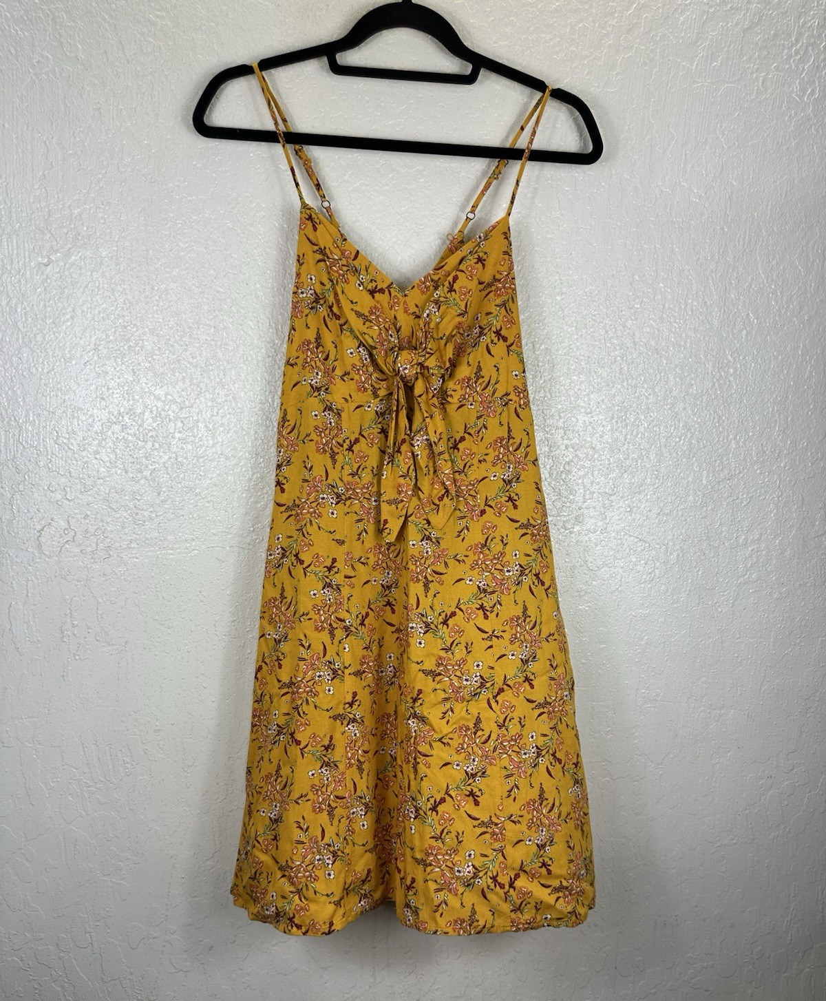 Xhilaration Yellow Floral V-Neck Sundress Tie Front Zip Back Lined Size L