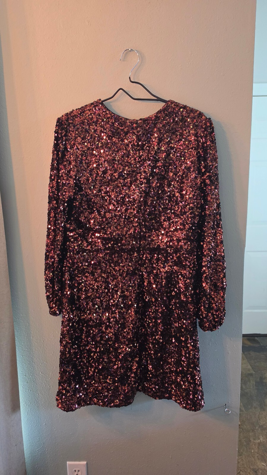 French Connection Rose Gold Sequin Long Sleeve Fit & Flare Party Dress XL 12