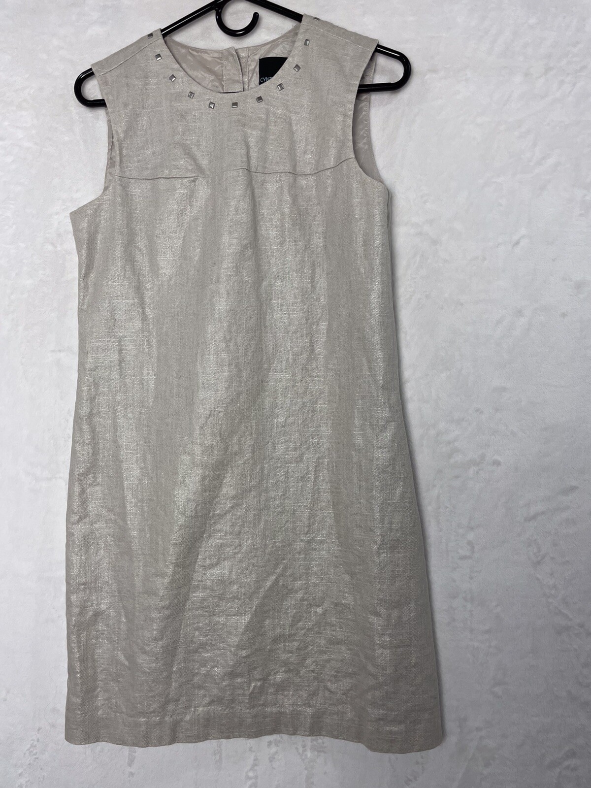 Cynthia Rowley Beige Dress 6 Metallic Khaki Tan Linen Cotton Sheath Studs Lined