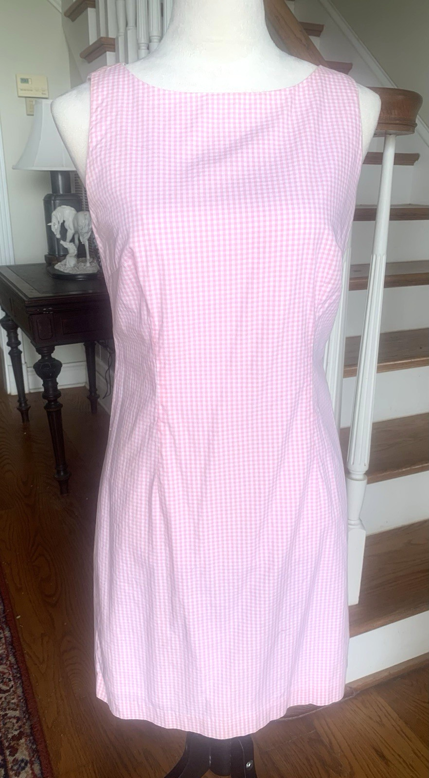 Adorable Vintage Pink &White Gingham Dress Moda International Womens sz 8 Preppy