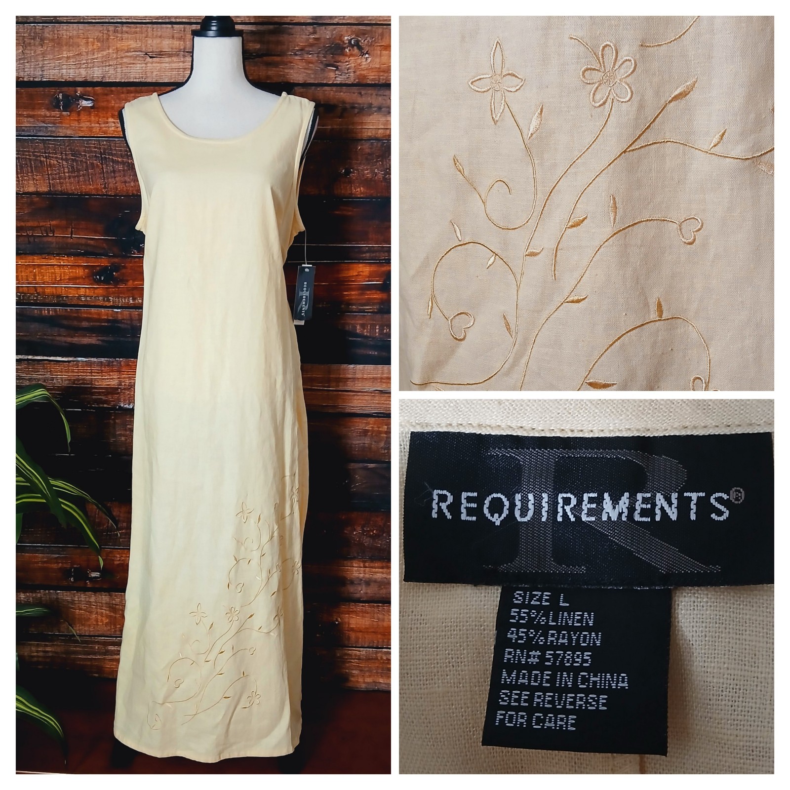 Requirements Dress Large Linen Rayon Cream Floral Embroidered Tie Back Vintage