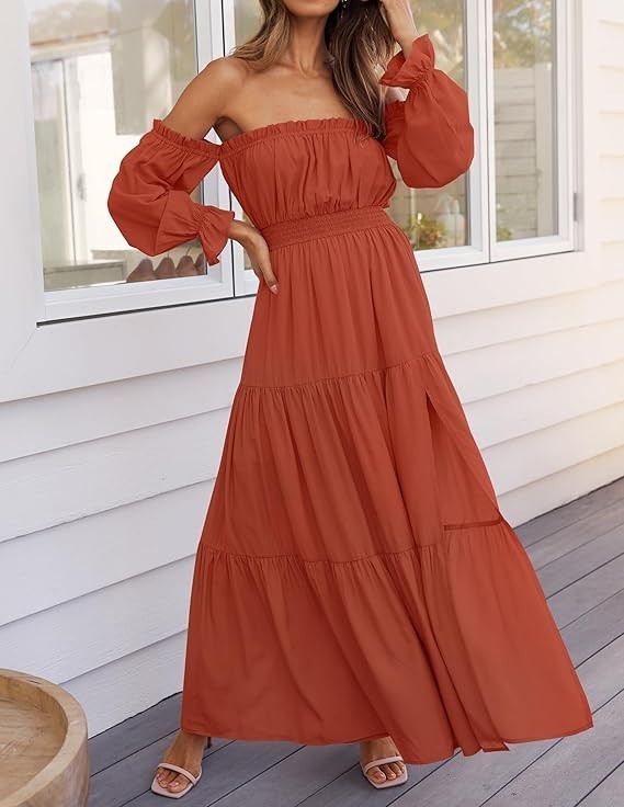 Women’s Boho Off Shoulder Wedding Guest Dress Spring Summer Tiered, Medium