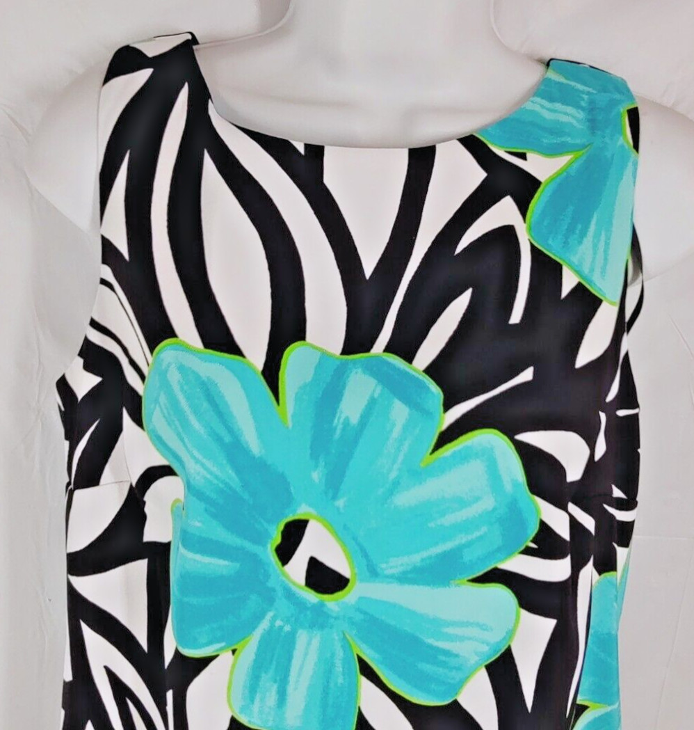 AB Studio Dress 10 Basic Shift Sheath Black Teal Blue Floral Sleeveless Stretch